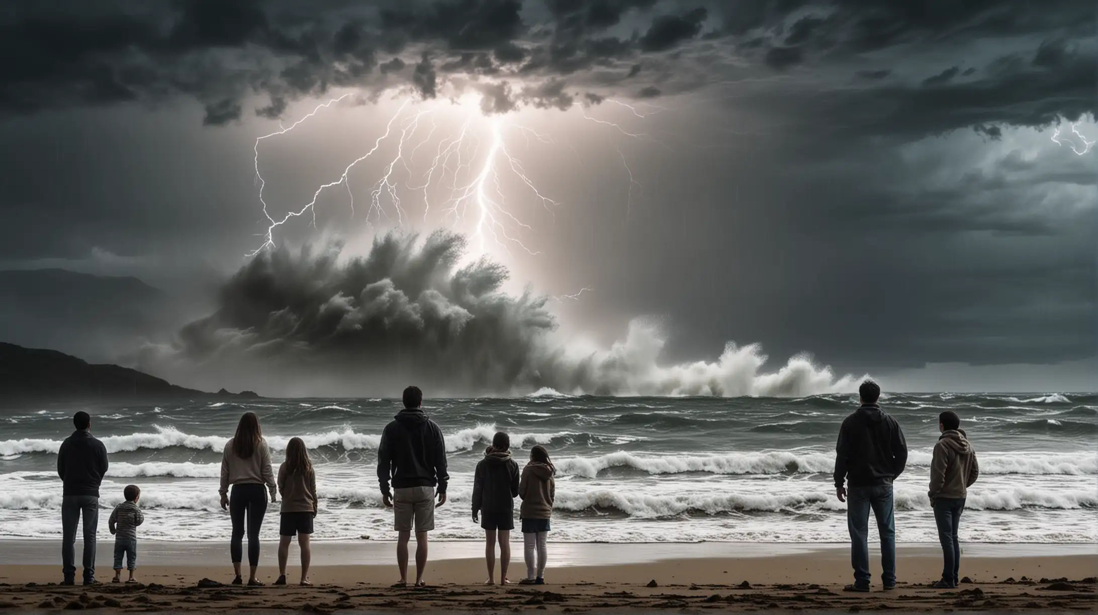 People standing on a beach looking at the big massive tsunami that’s coming a them.  Dark weather with lots of lightning 