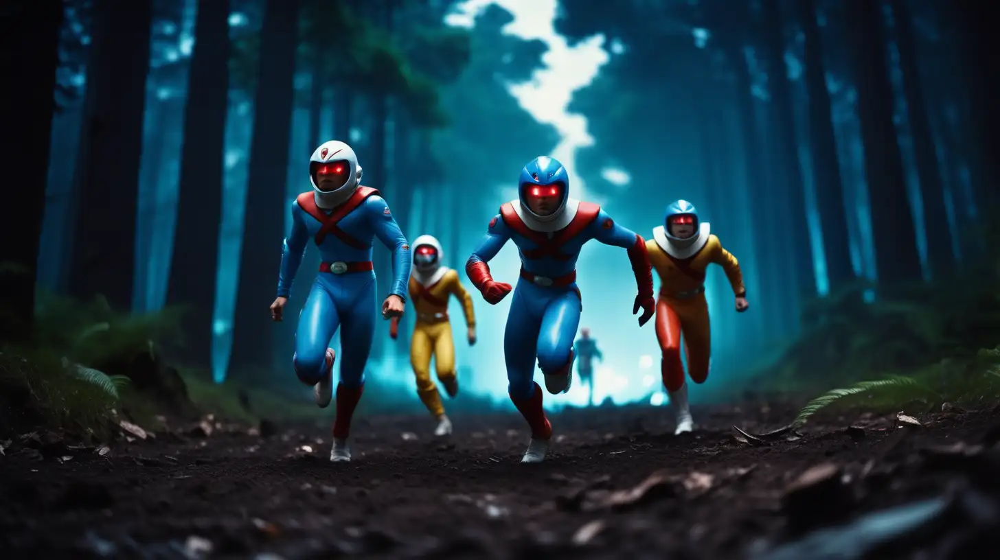 2D, cinematic nighttime film still, Running, Ground View, Three Male, Full Body, Gatchaman, Battle of the Planets, G-Force, Science Ninja Team, Dystopian Forest Ruins, shallow depth of field, vignette, highly detailed, high budget Hollywood movie, bokeh, cinemascope, moody, epic, gorgeous, film grain