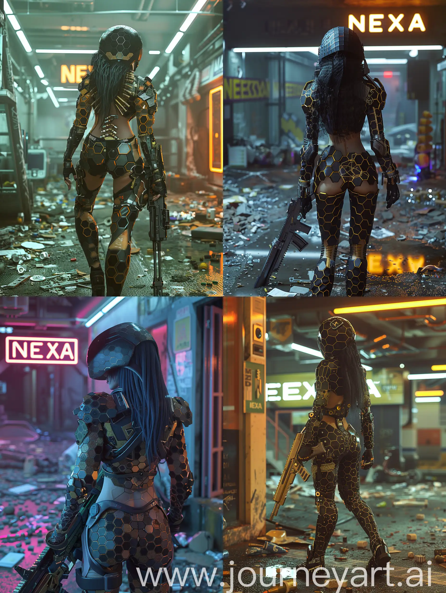 In a dynamic infrared diffusion camera shot, the wide-open advanced cyberpunk military compound features a sign reading NEXA. Cinematic rim lighting highlights every detail, showcasing a female wearing cybnetic hexagonal patterned super-advanced armour with a hexagonal patterned black helmet-shaped, helmet showing her  hair and body interface of artificial components, including military cybernetic enhancements such as neural interfaces, robotic limbs, and body implants. The armor, adorned with intricate hexagonal black and gold detailing, is revealed, as the warrior carries a gleaming rifle amidst neon-lit reflections and litter on the gritty floor. Each element is rendered in stunning high definition, capturing the essence of the cyberpunk world with unparalleled realism in this digital art piece.

