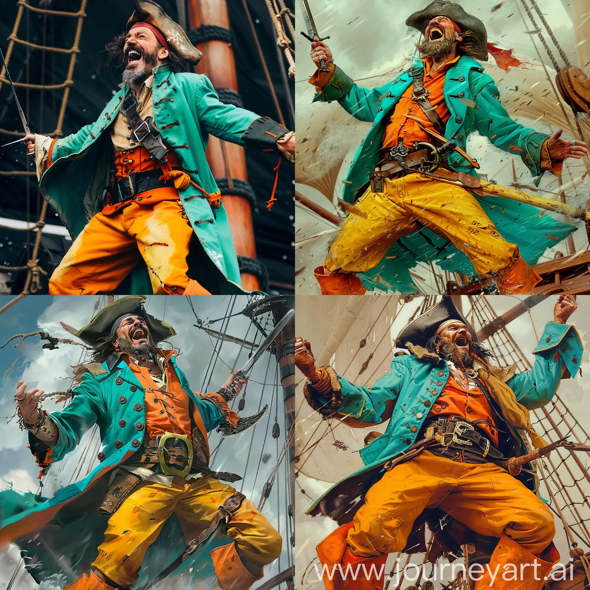Middleaged-Intelligent-Pirate-in-Turquoise-Coat-Laughing-with-Cossack-Saber