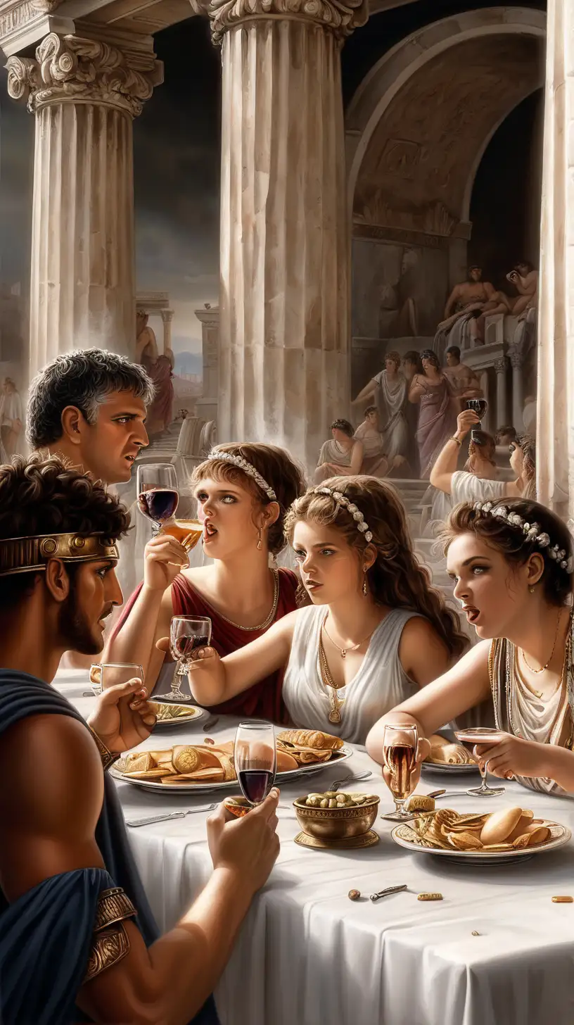 Ancient Roman Feast Four Women and Four Men Enjoying Food and Drink