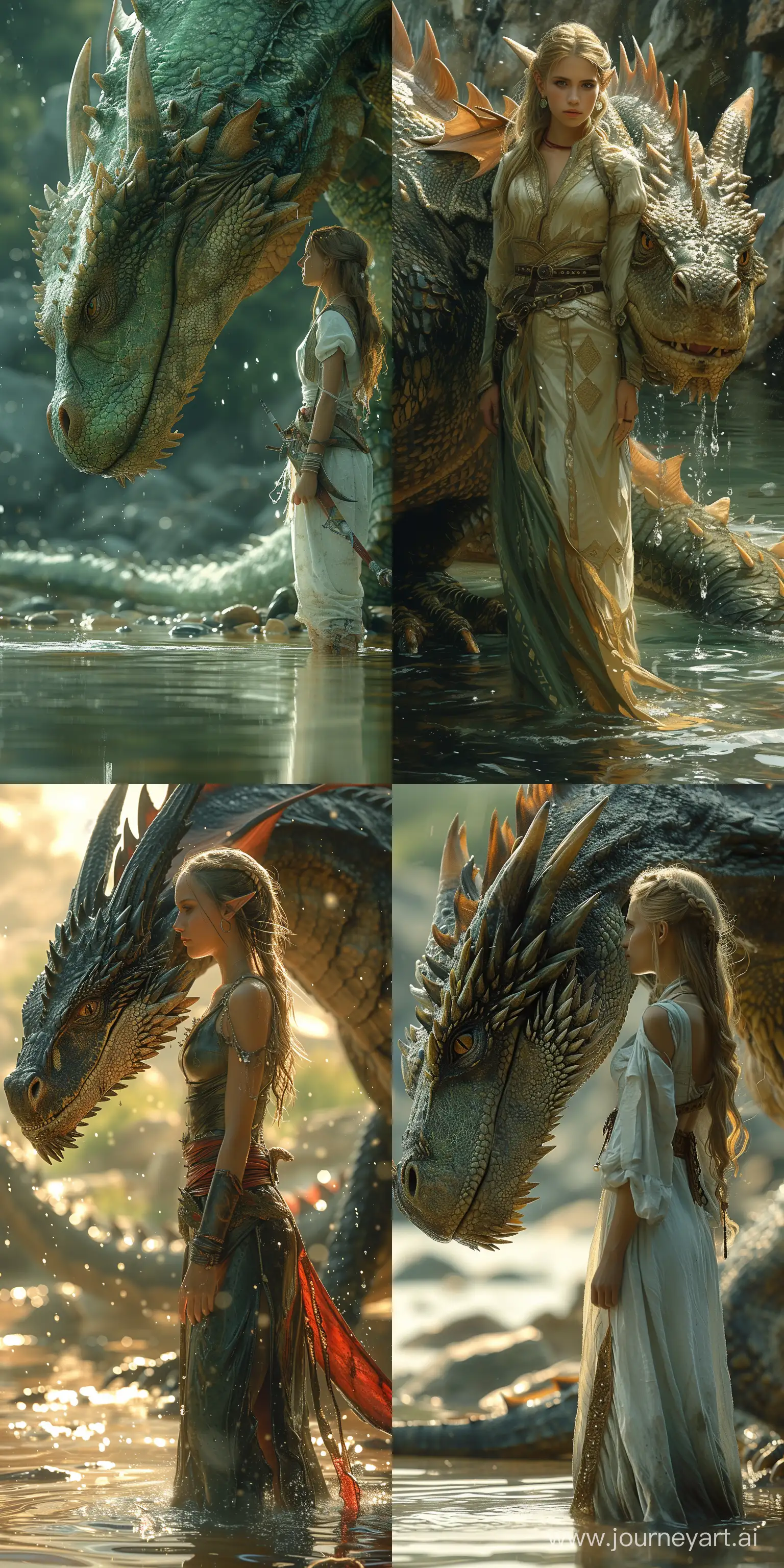 a woman is standing in the water next to a dragon, in the style of fantasy scenes, realistic detail, theo prins, magewave, ferrania p30, evgeni gordiets, kuang hong --ar 1:2 --stylize 750 --v 6