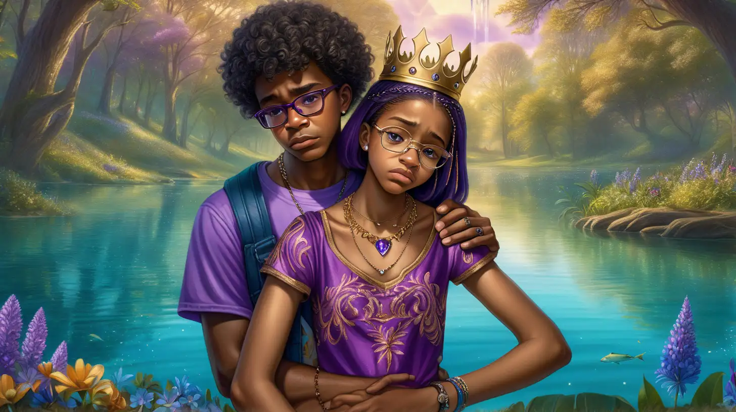 African-American teenage boy "with glasses" wearing t-shirt and jeans Holding a sad African-American teenage-girl without glasses. She is wearing an elegant princess-medieval golden embroidered dress and gemstone-necklace and bracelets and crown, she's crying in his shoulder. Surrounded by blue and purple floral forest, 8K. Bright purple magical waters in the lake