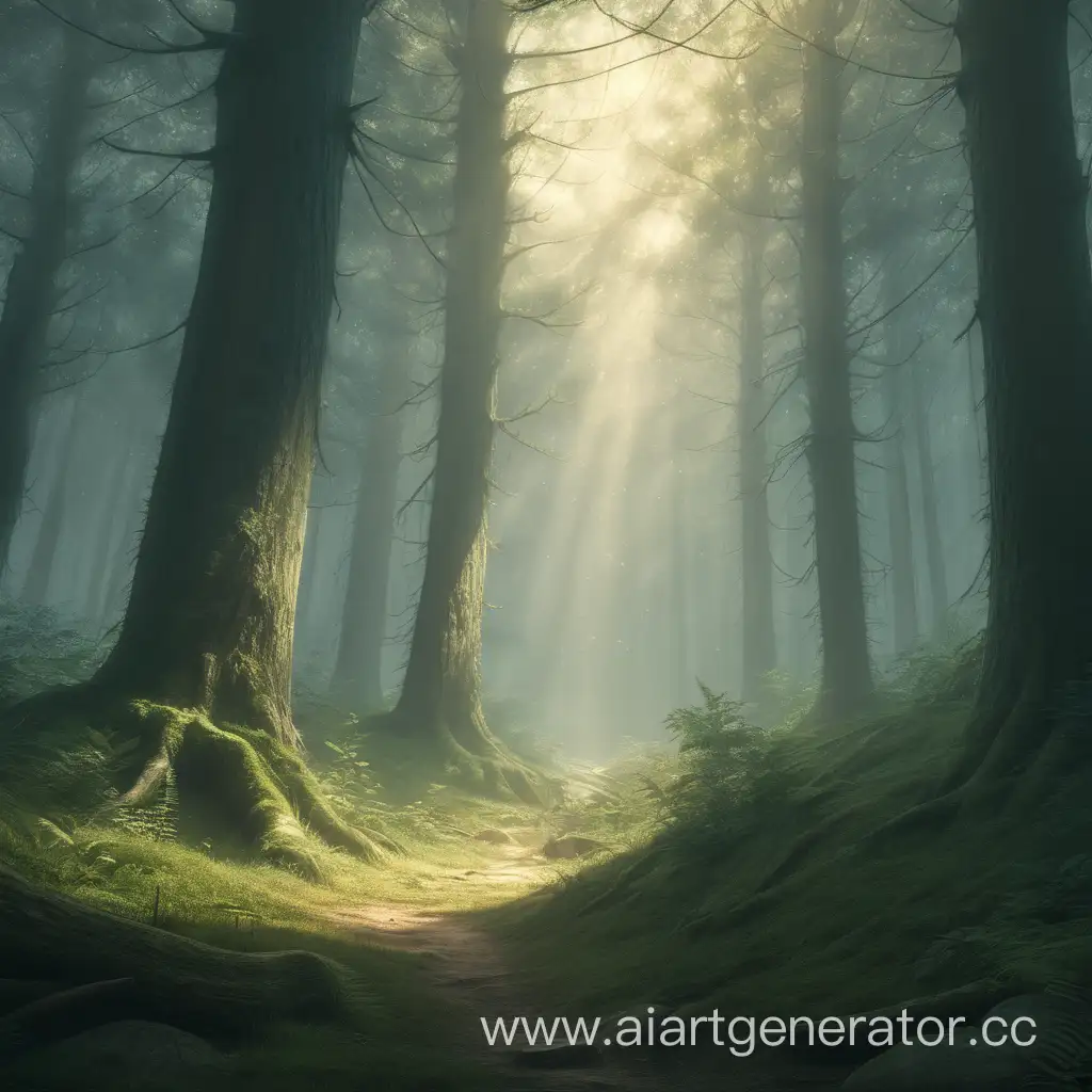 Придумай отмосферный фон для персонажа, обязательное условие: лес, свет, атмосфера
