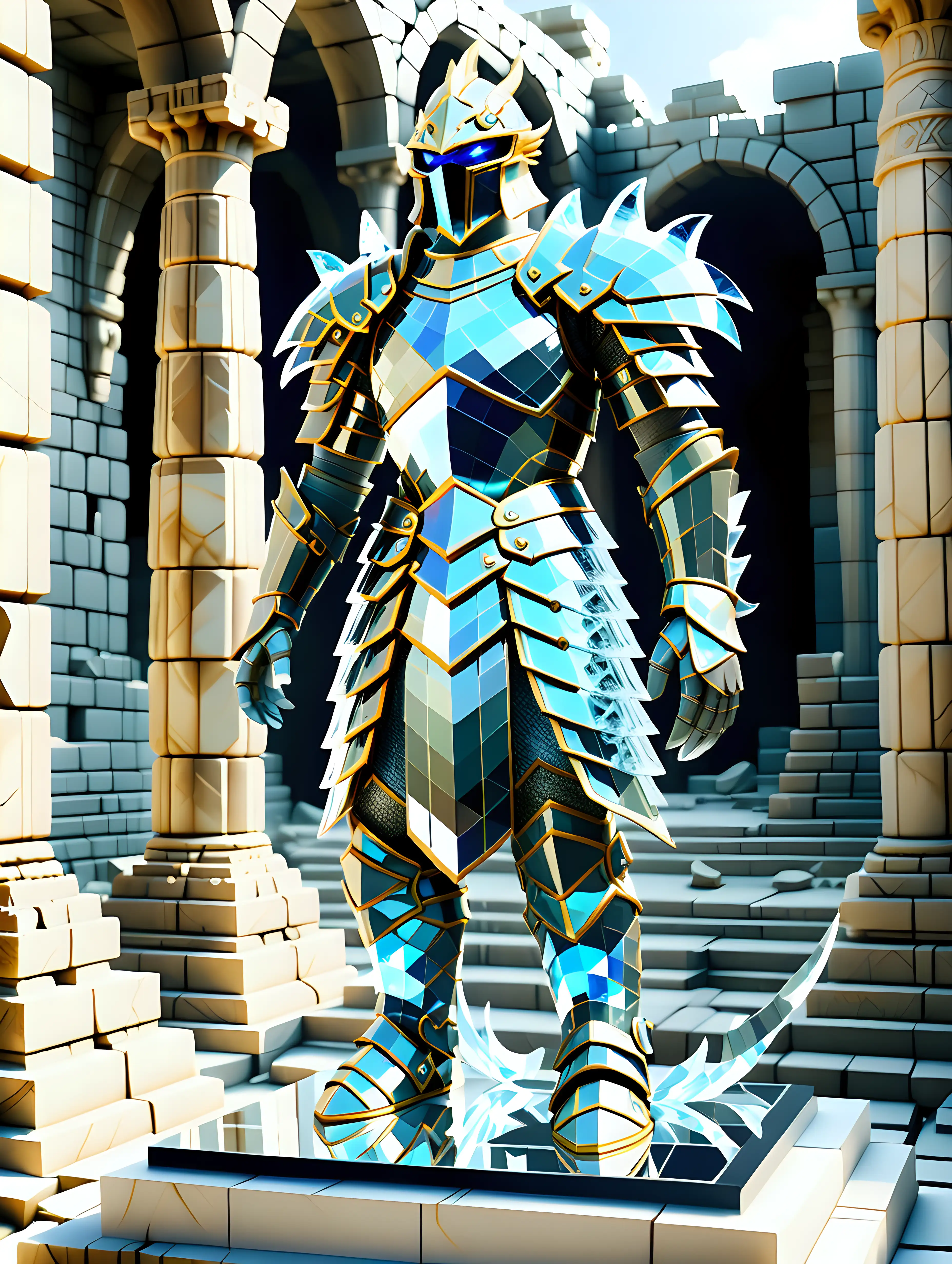  A suit of draconic plate armor made out of clear crystal displayed on a plinth in the ruins of an ancient temple