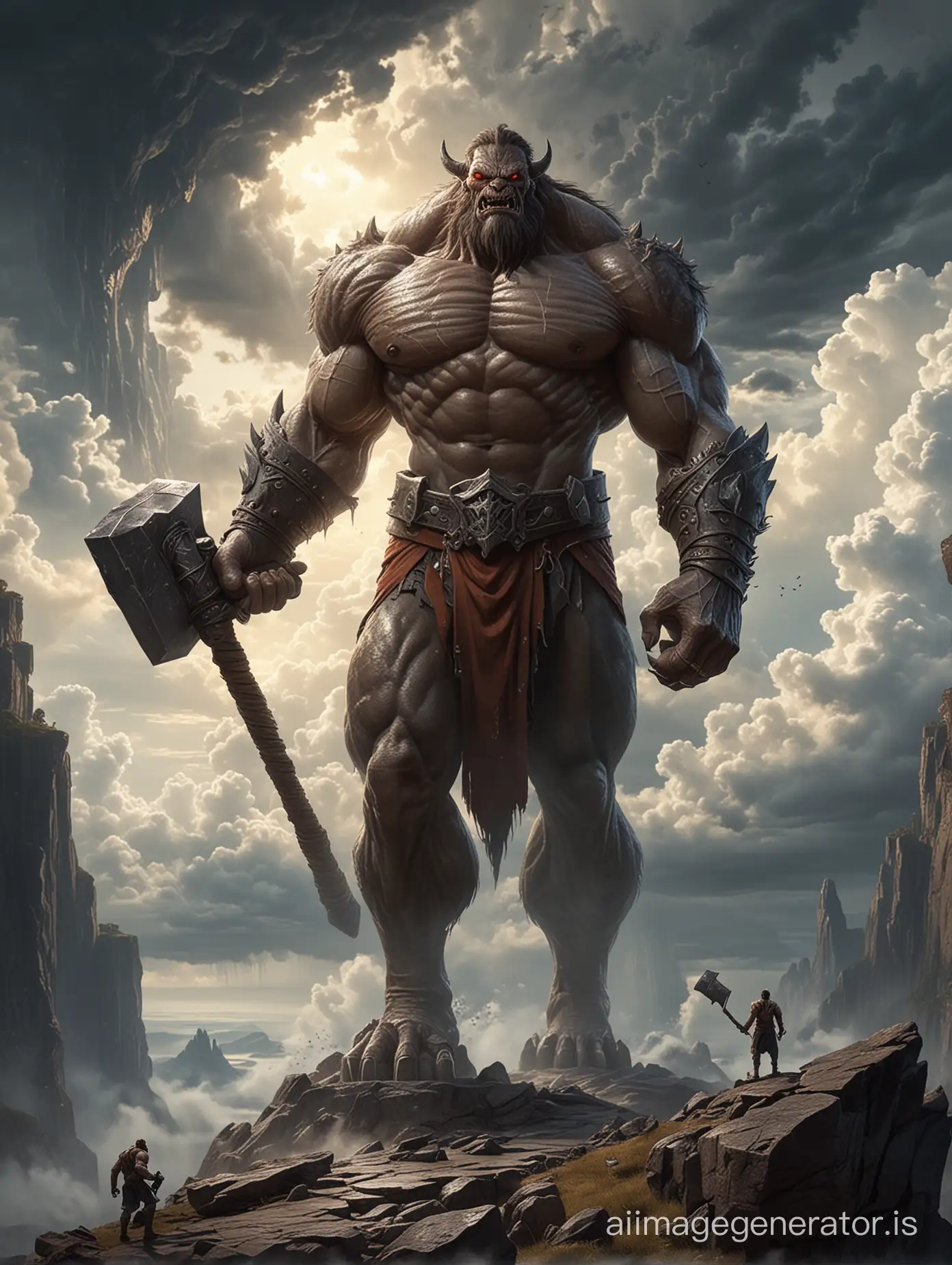 Majestic-Monster-with-Iron-Hammer-on-Cloudy-Cliff