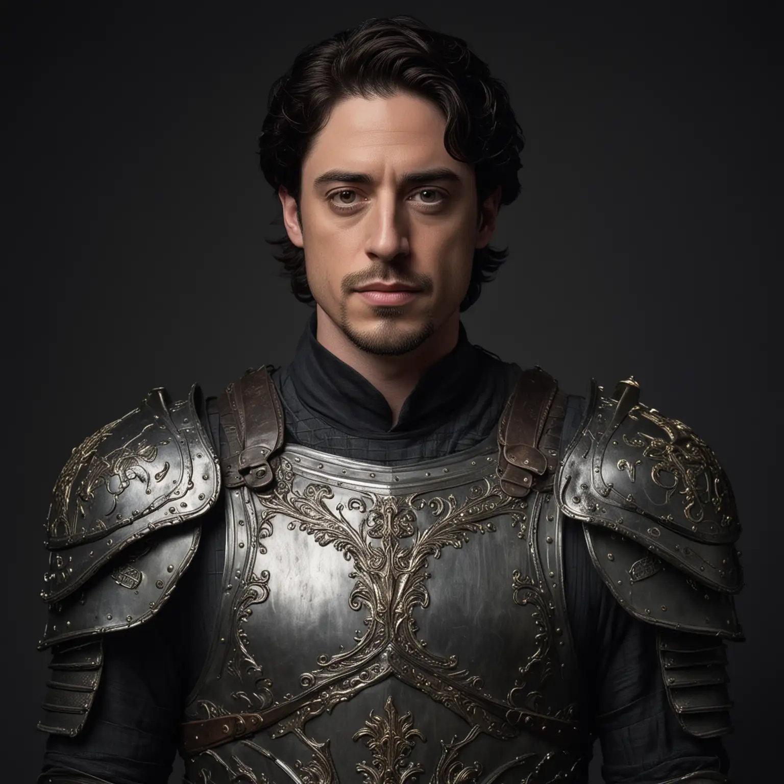 In a dark fantasy style, a portrait of Ben Feldman, he is wearing knight’s armor