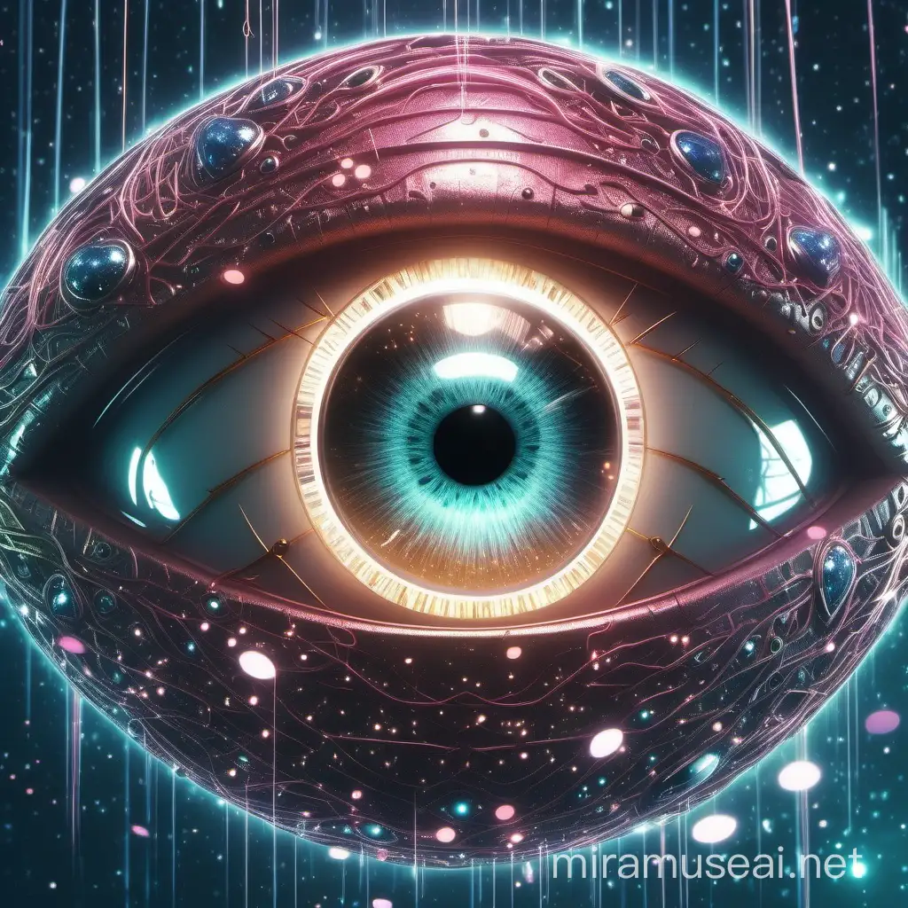 A large floating eye sparkling with heartstrings; sci-fi aesthetics