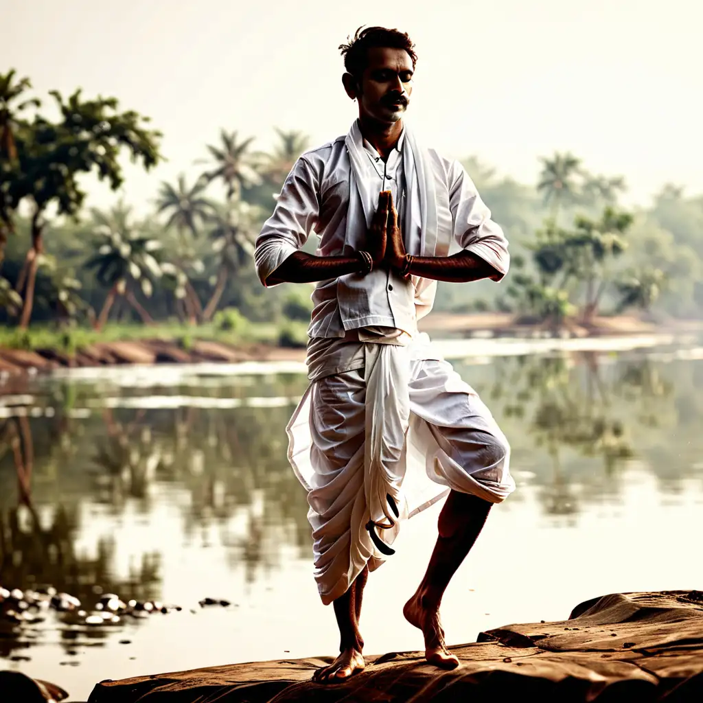 Serene Riverbank Yoga Practice Master Shot of a Man in White Dhoti
