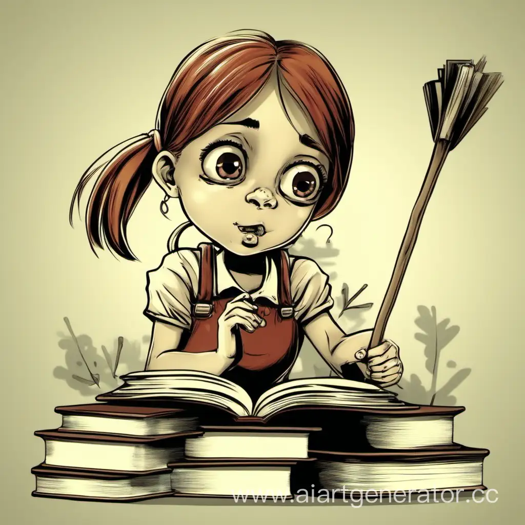 девочка бьёт книги палкой