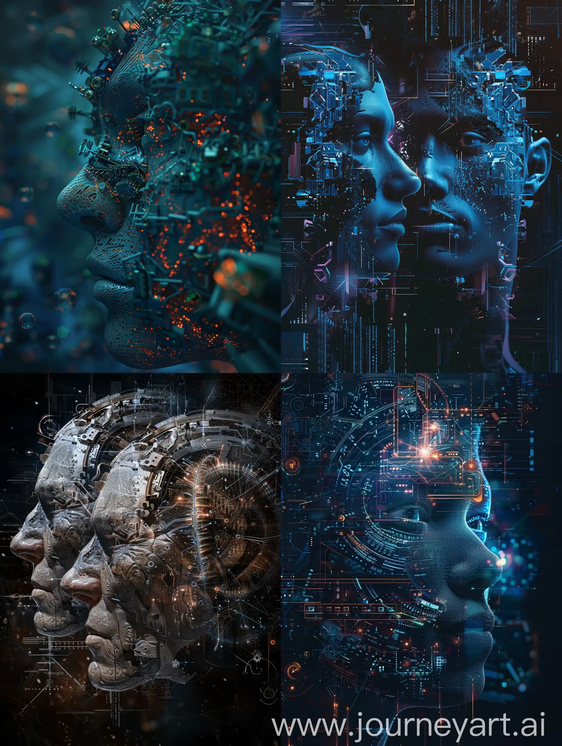Dark colors Kingdom faces with hyper realistic machines, fractals , abstract concept with background representing quantum mechanics, machine learning, future of mankind.