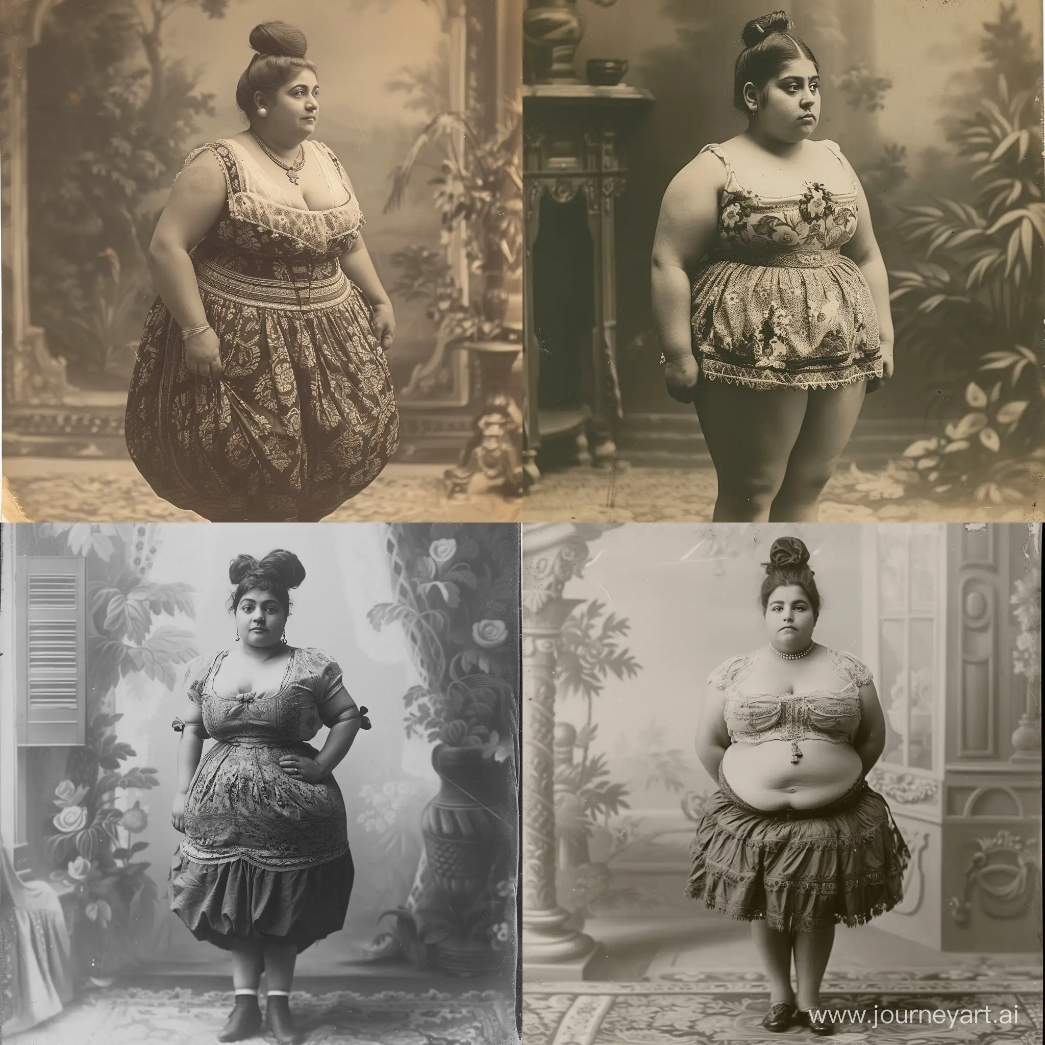 obese armenian girl in tight short skirt, bun hair, photo from vintage 1800-s