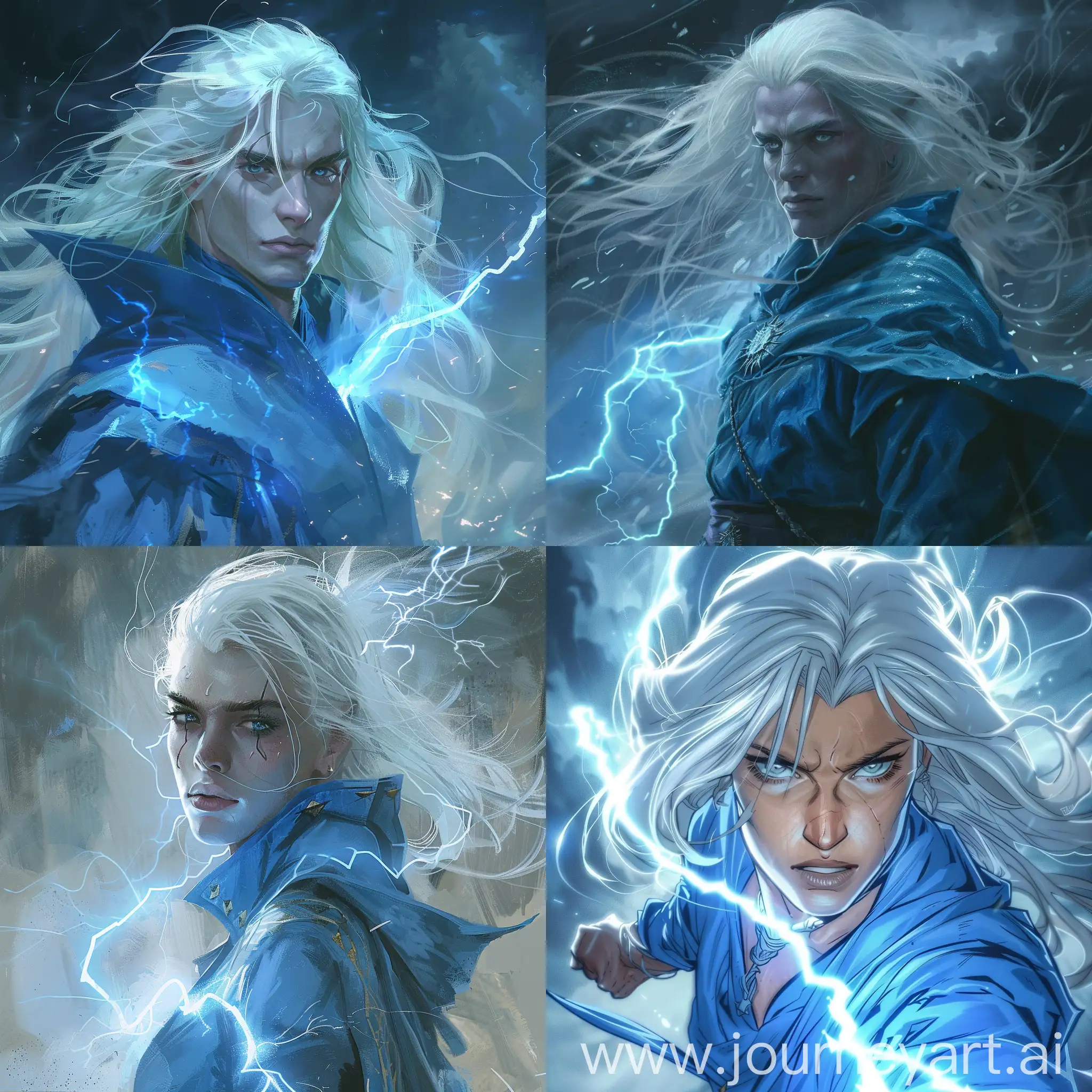 white haired,wearing a blue colored rob,lightning mage staring