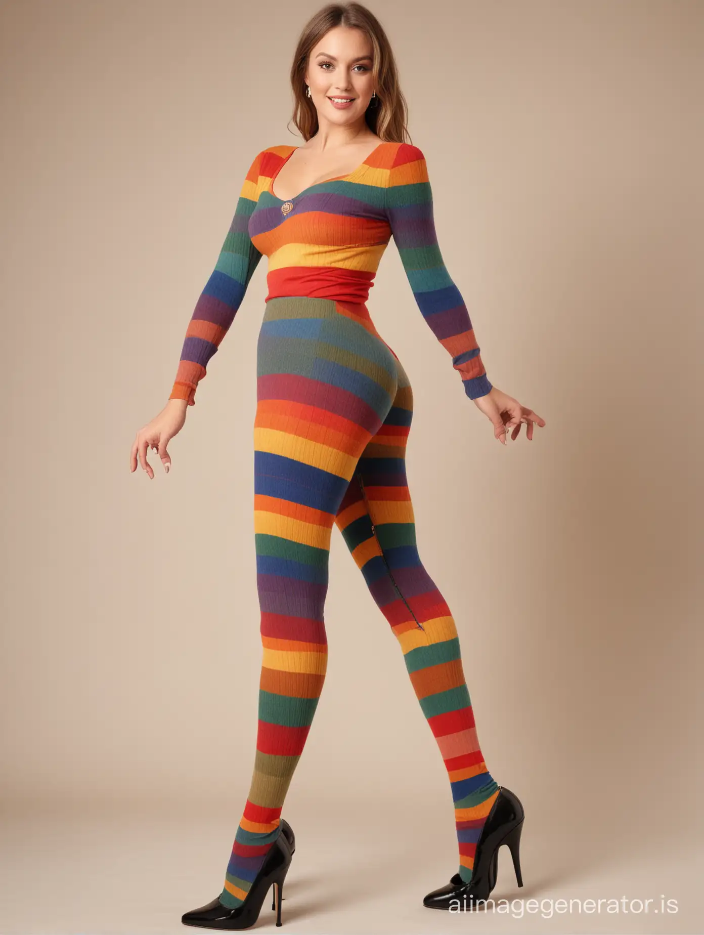 "curvy woman "full body view" "extra thick wide ribbed rainbow wool tights" high heels"