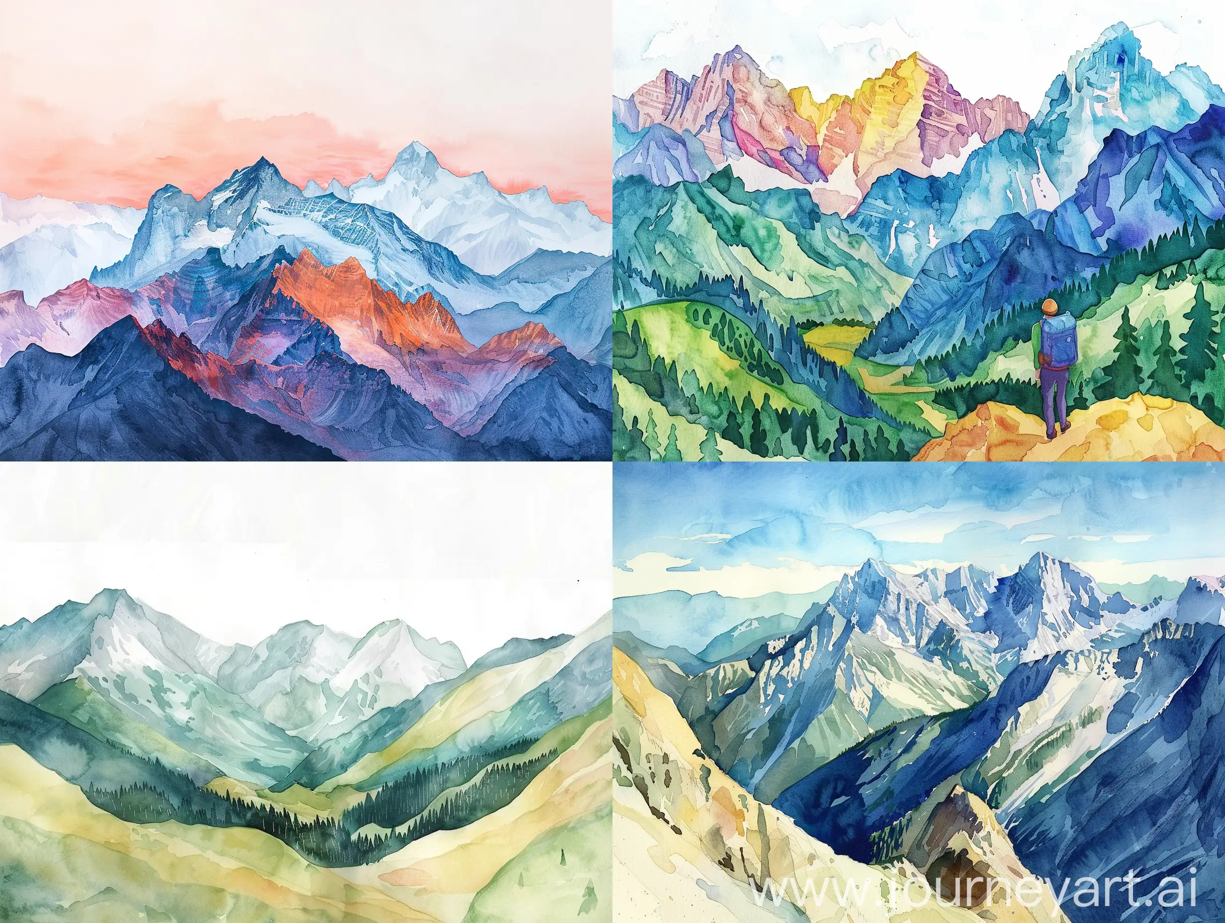 **the mountains trekking, summer, simple watercolor, lowbrow surrealism, maximalism, in the style of Charles Santoso and Jon klassen 