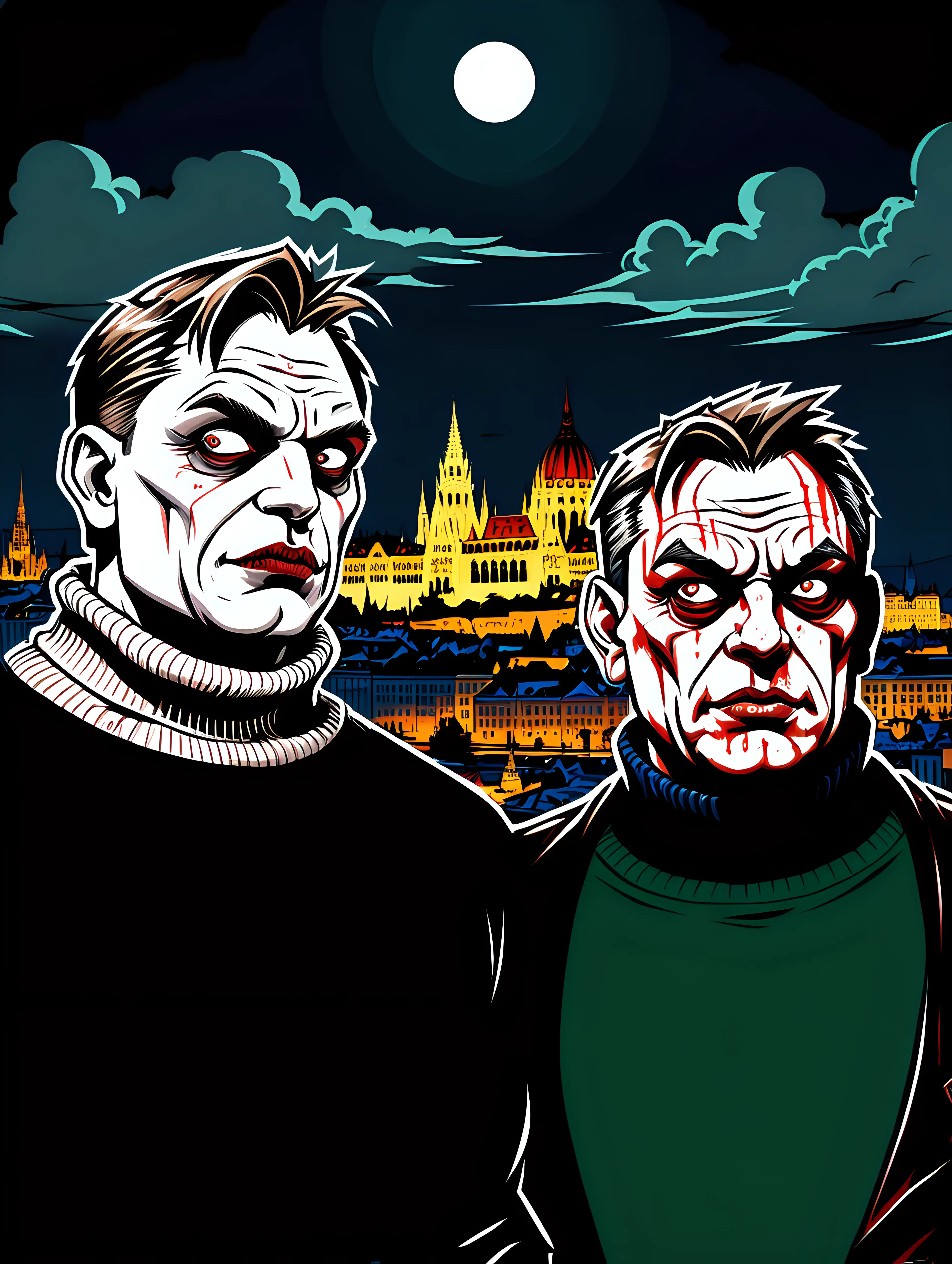 two bloody vampires Robert Fico with Viktor Orban hideous vampires in a turtleneck sweater. city of Budapest at night background. line drawn in the style of Mike Mignola depicting Robert Fico and Viktor Orban as two serious villain vampires 