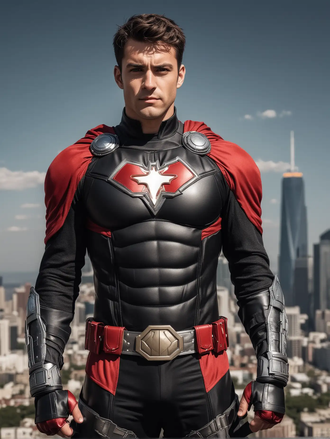 Confident Superhero in Black Red and Blue Costume against City Skyline