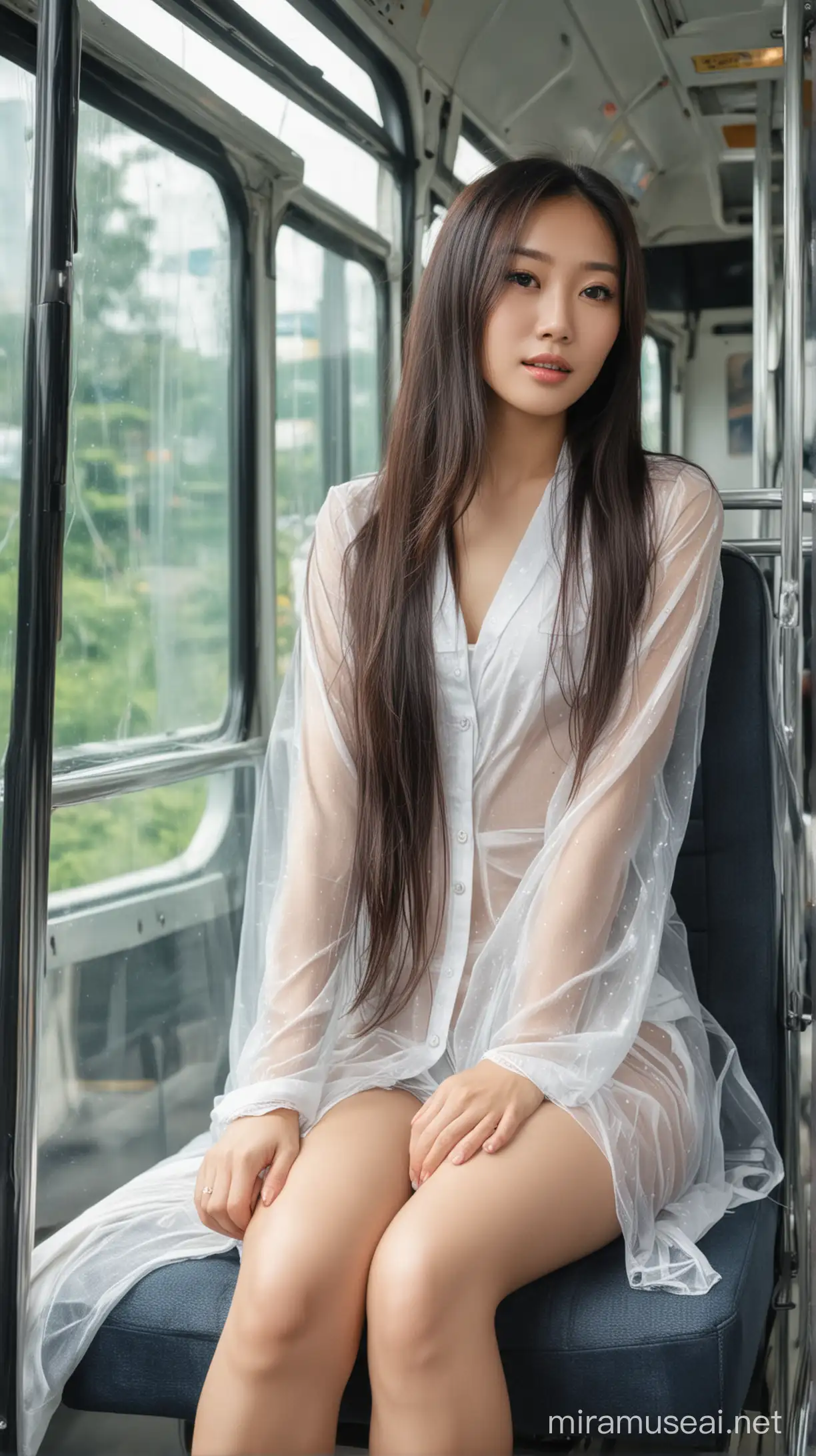 A beauty asian woman, long hair,  transparent clothe, white skin, sitting, inside bus, legs open, morning