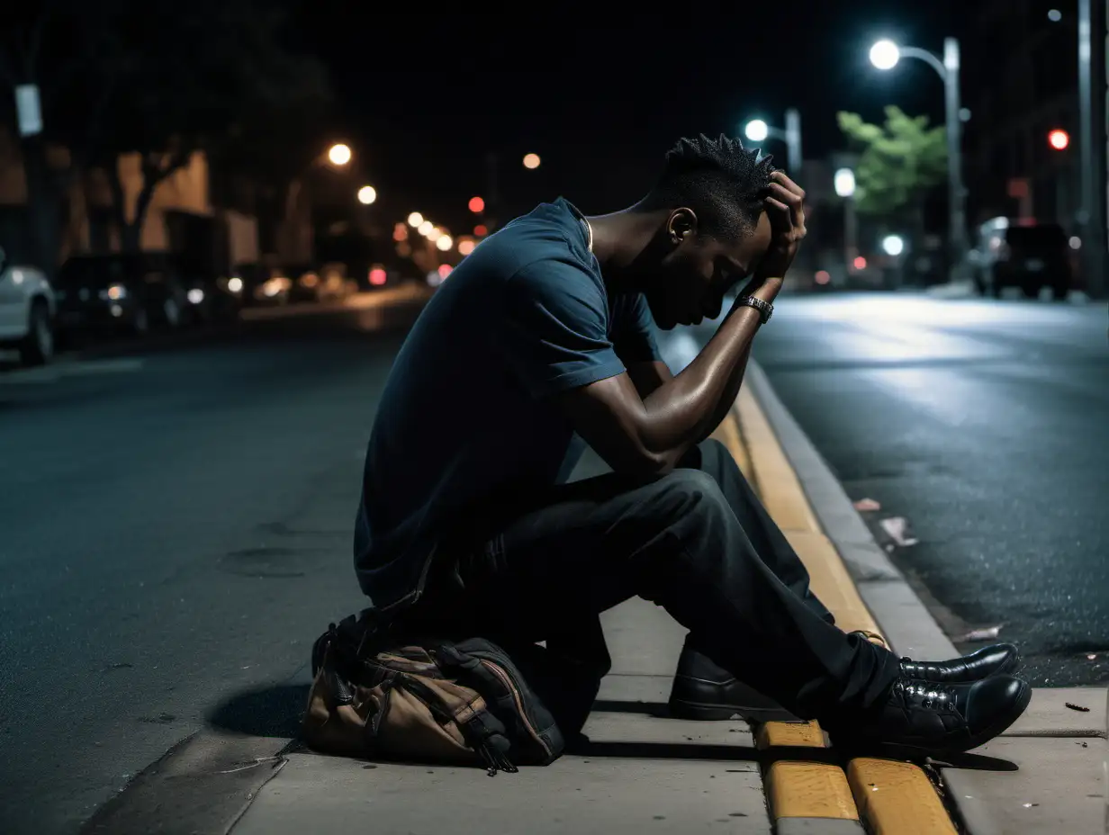 black man itting on street curb with head down one hand on his head, draco in the other hand at night, cinematic lighting, profile