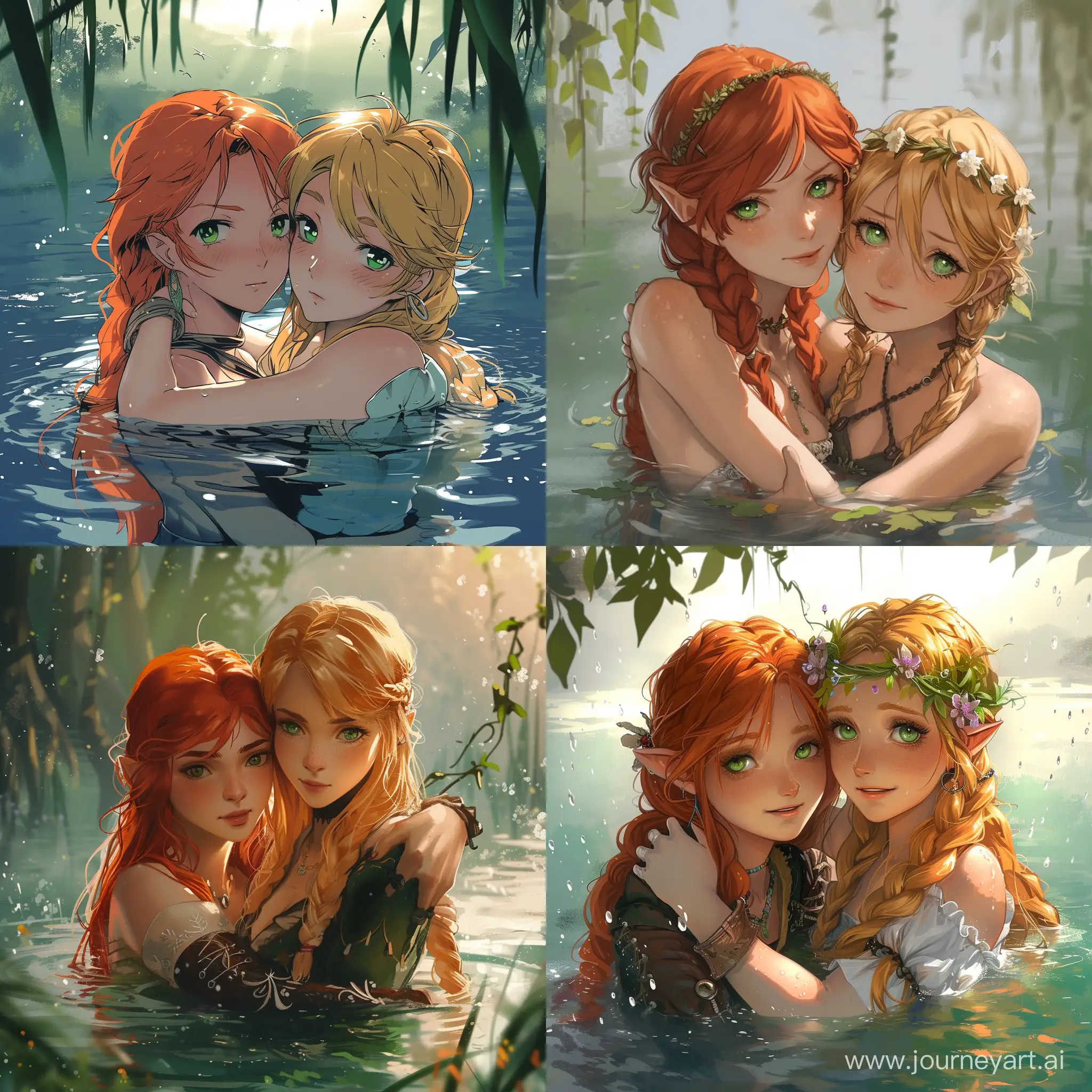 two girls, one redhead and one blonde with Hungarian features and green eyes, are embracing in a lake --v 6 --ar 1:1 --no 40152