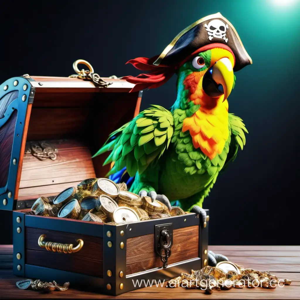 Curious-Pirate-Parrot-Gazing-into-Treasure-Chest