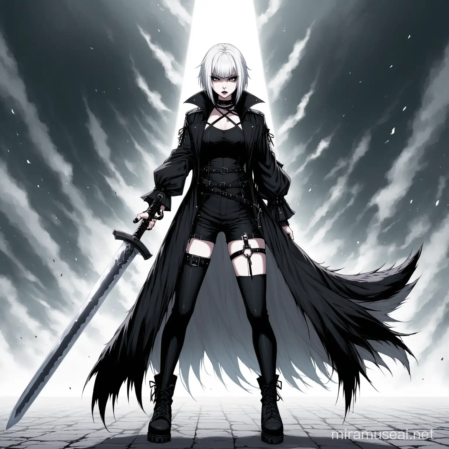 Alternative Goth Girl with White Hair Wielding Giant Sword