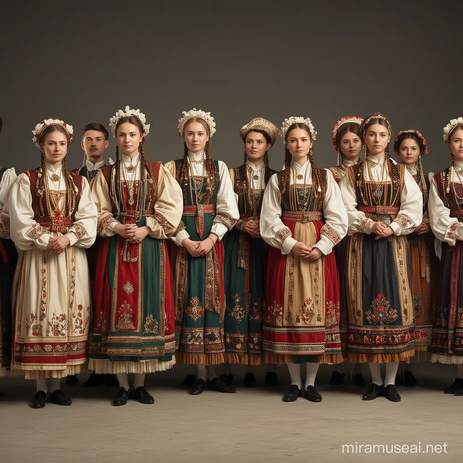 Russian Folk Costumes Lineup with Raised Fists and Horseback Riders