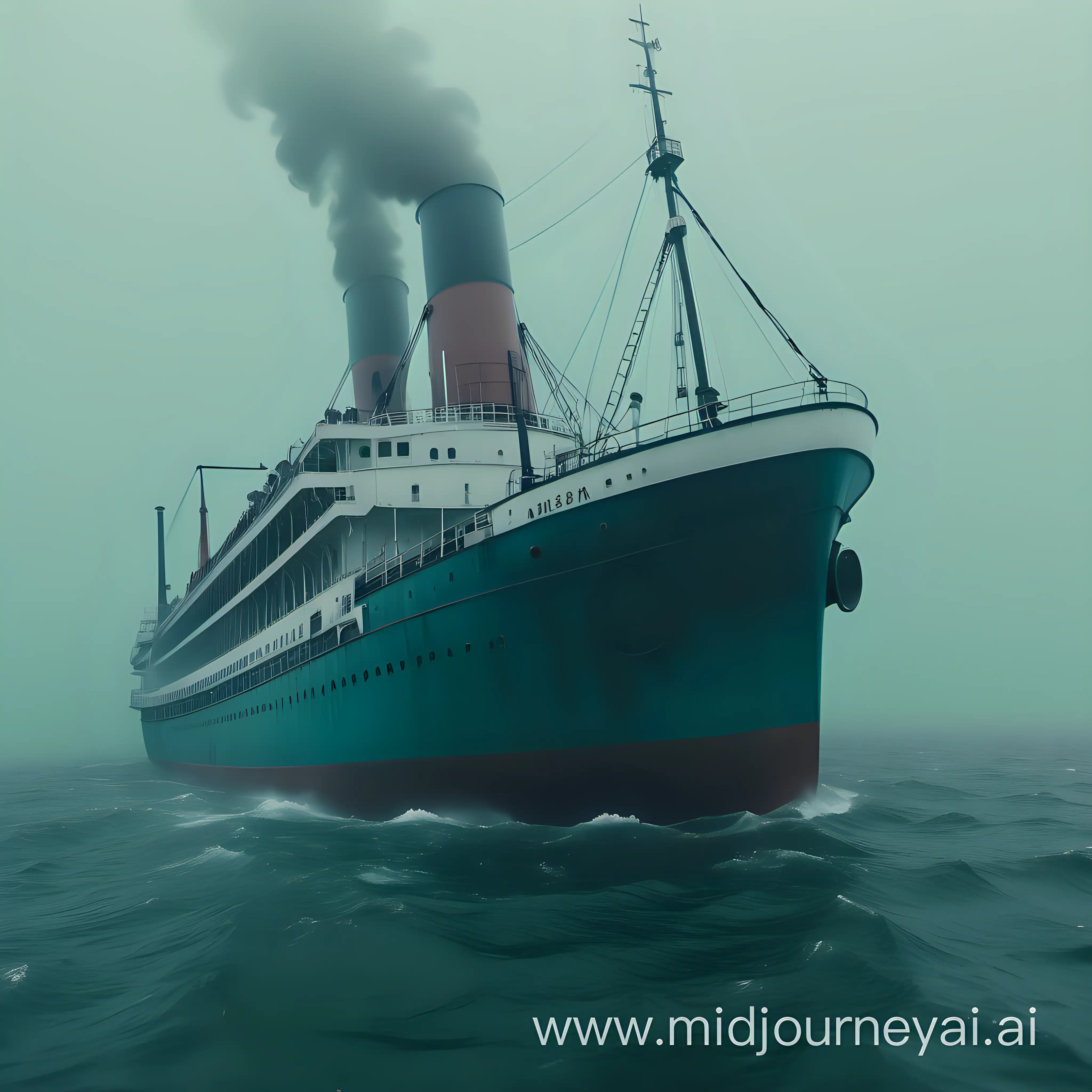 Photorealistic, steamship in open ocean, foggy, cold, cinematic, green blue sea, isolated, eerie, high resolution, gritty, 4k, shot on arrival Alexa 65