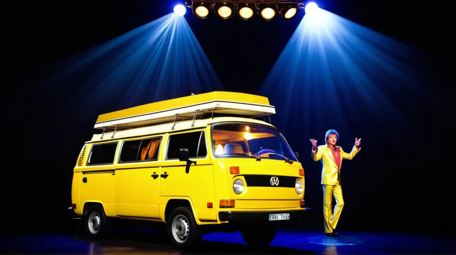 yellow 1977 westfalia campervan lit up by a white spotlight on a dark theatre stage with Barry Manilow singing
