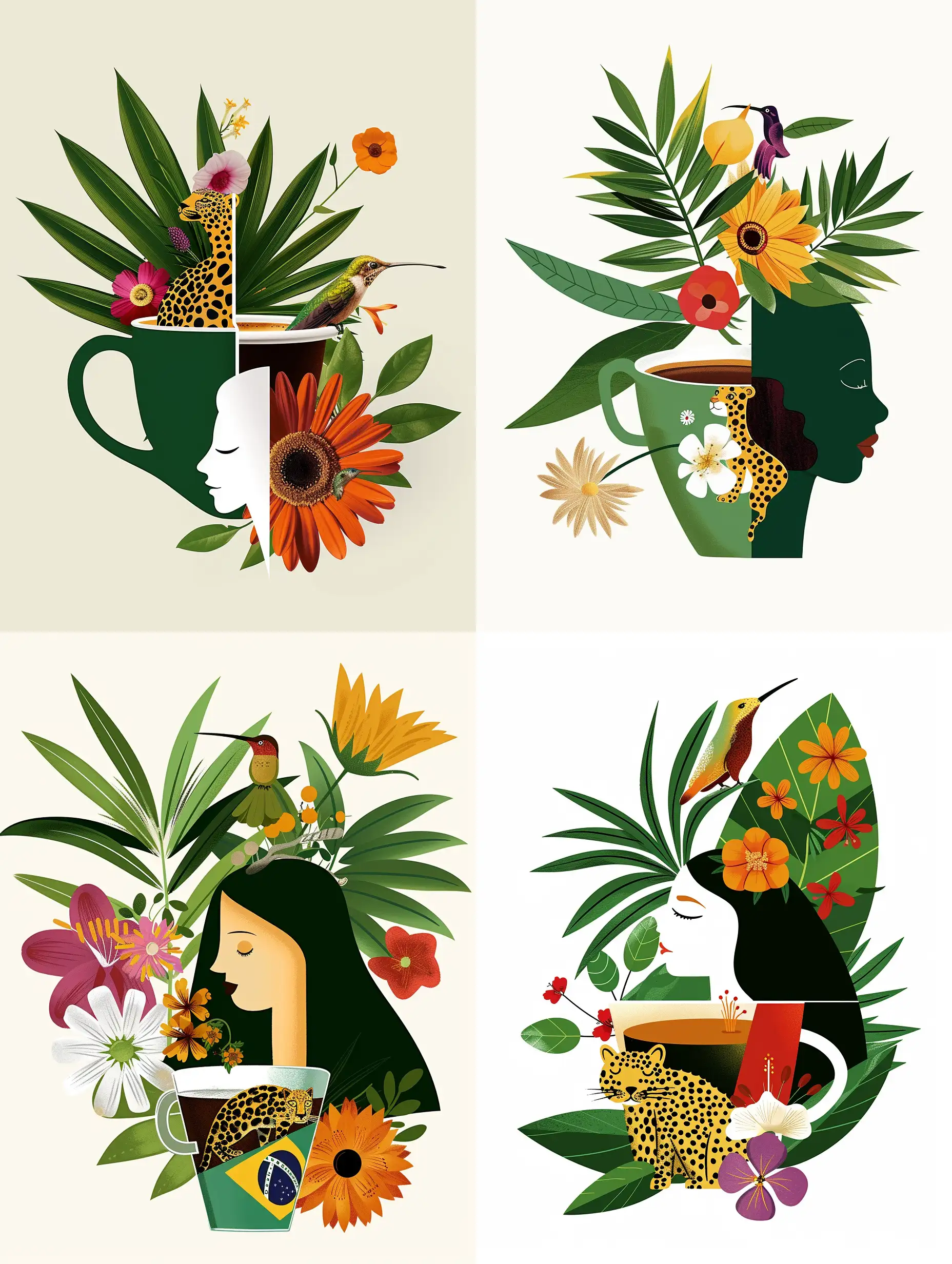 Иллюстрация кофе в чашке, девушка из Бразилии , леопард, Колибри, листья пальмы, кофе, цветы бразилии на белом фоне- serf https://cdn.dribbble.com/users/4558942/screenshots/17325164/media/78859b6ffc9a5a7bcb95a120b0c50b0f.jpg?resize=1000x750&vertical=center