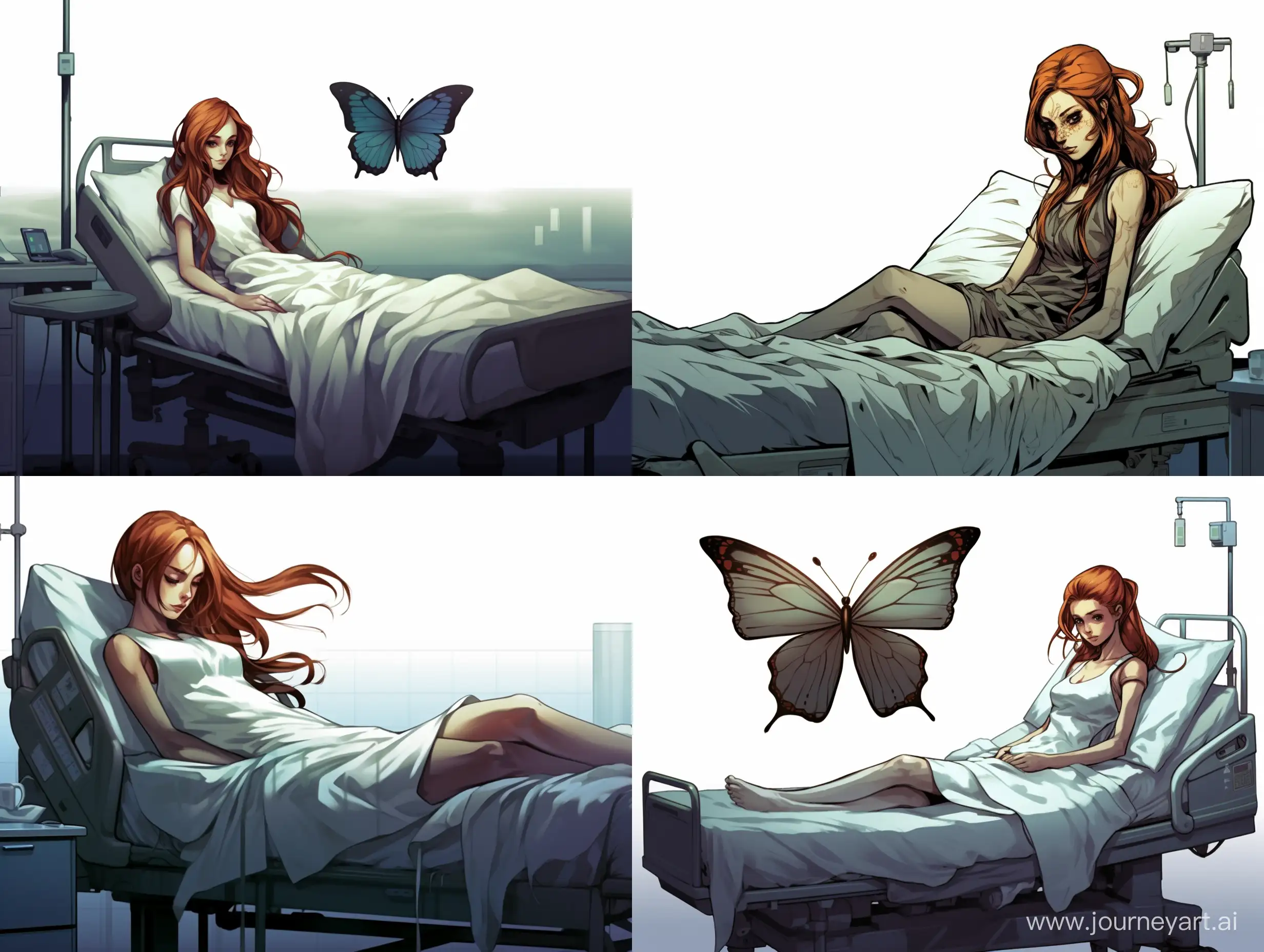 full body concept art mutant half ginger female human half mutated butterfly lay on the hospital bed 90'ths anime style