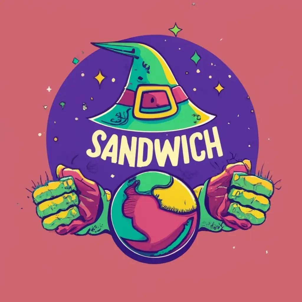 logo, Key elements:

* Hands holding a magic ball
* Magic ball sits between the hands
* Witch's hat on top of the magic ball
* Color scheme: Bright and playful
* Style: Fun and playful

Additional details:

* Hands could be holding different types of sandwiches
* Witch's hat could be a variety of colors or patterns
* Magic ball could be a different color than the witch's hat, with the text "SandWich", typography, be used in Restaurant industry