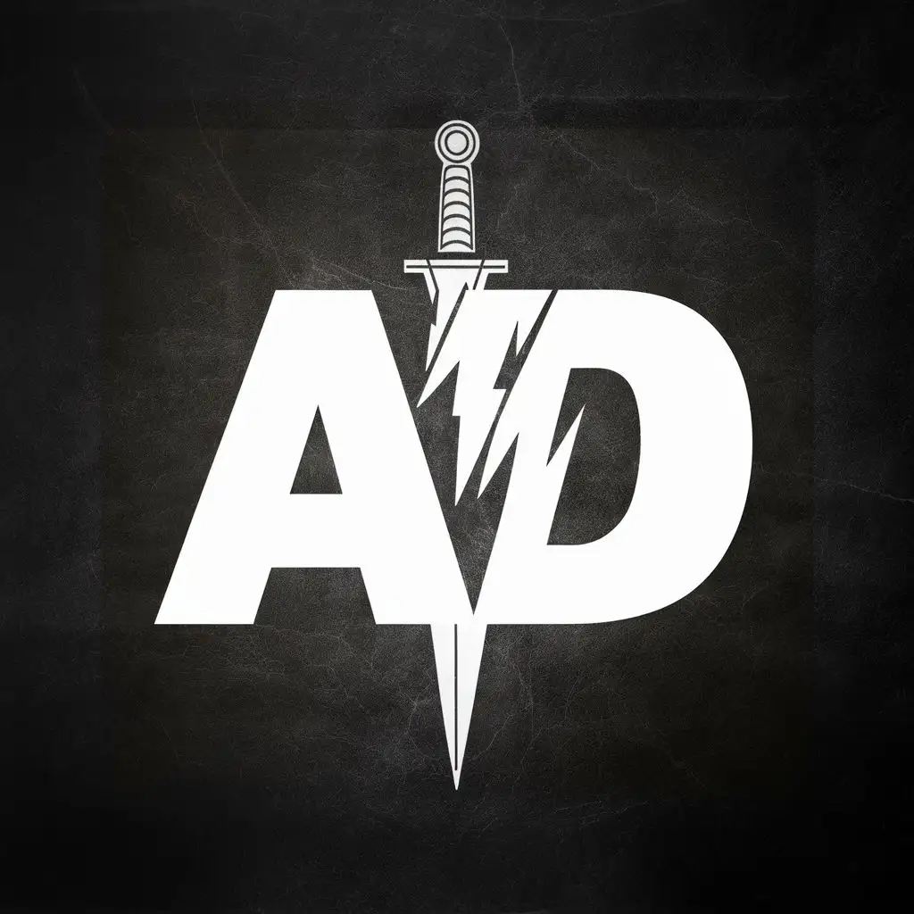 logo, White black with lightning font and dagger flag in the back, with the text "AD", typography