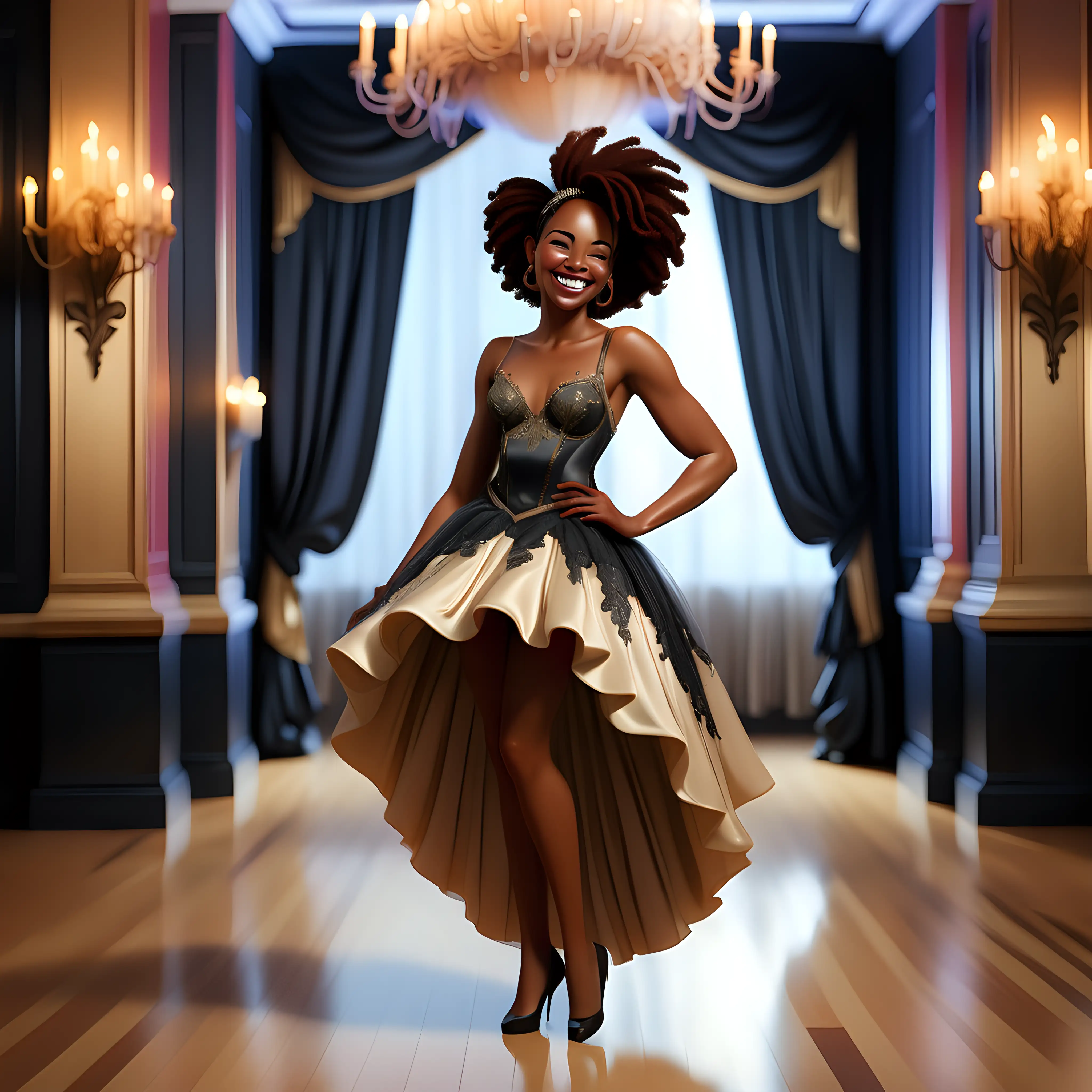 Black woman in a fancy dress at a ballroom smiling full body
