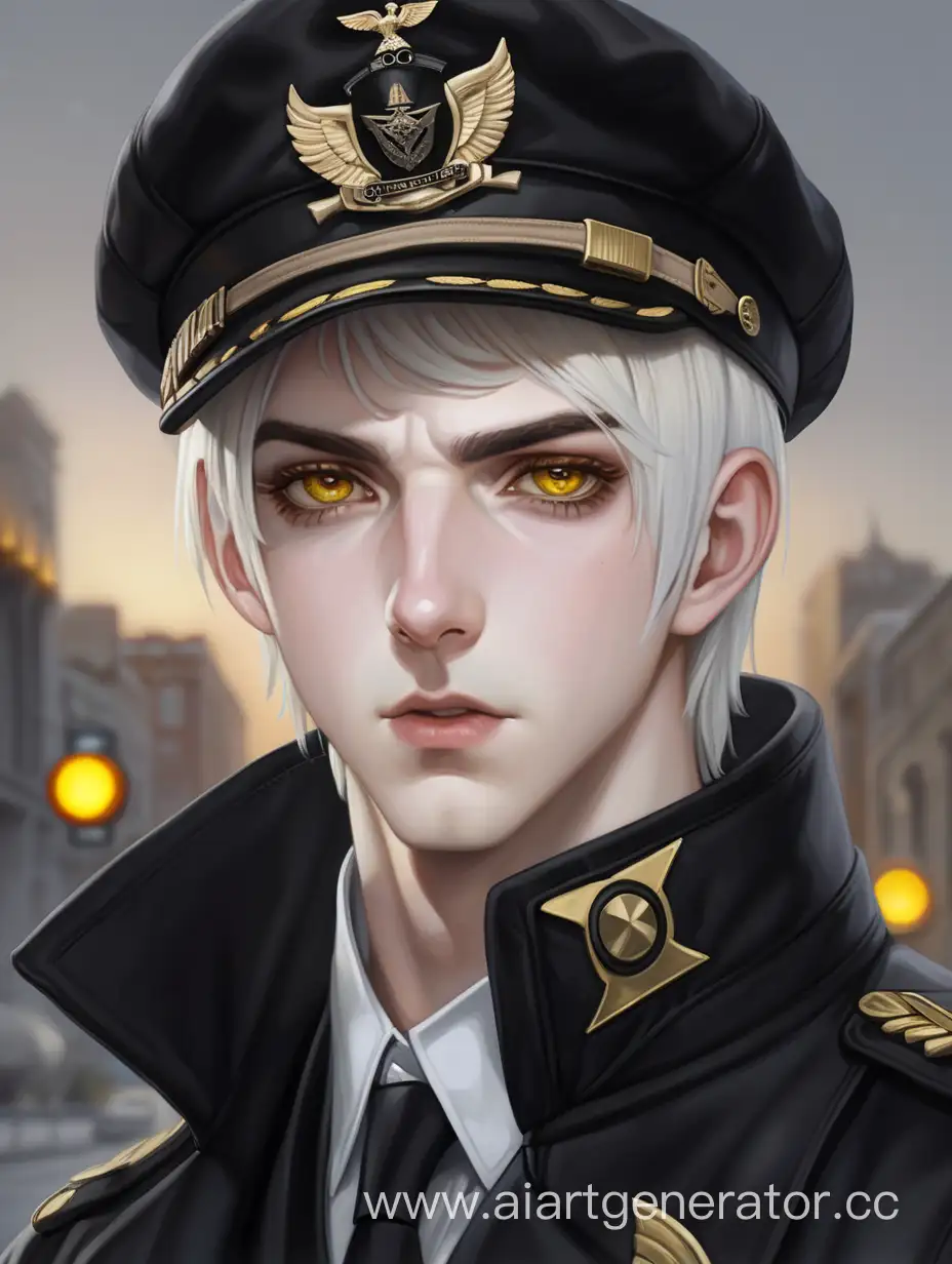 Белые волосы каре, жёлтые глаза, бледная кожа, фуражка пилота, чёрное пальто, парень 