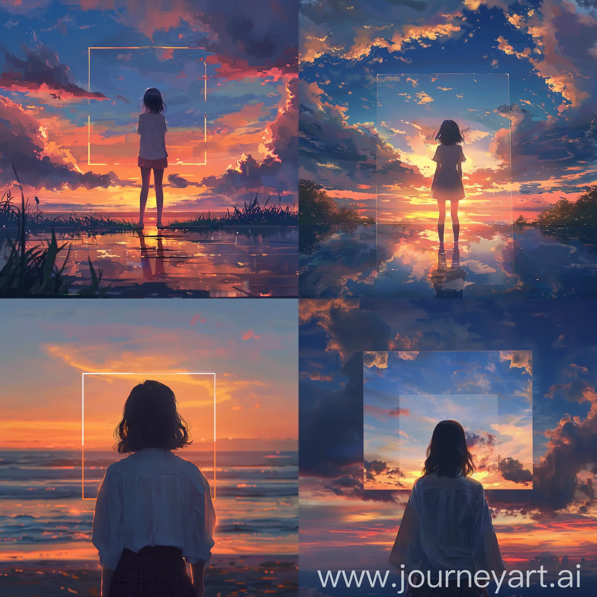 Girl-Standing-Alone-with-Sunset-Silhouette-in-Unrealistic-Landscape