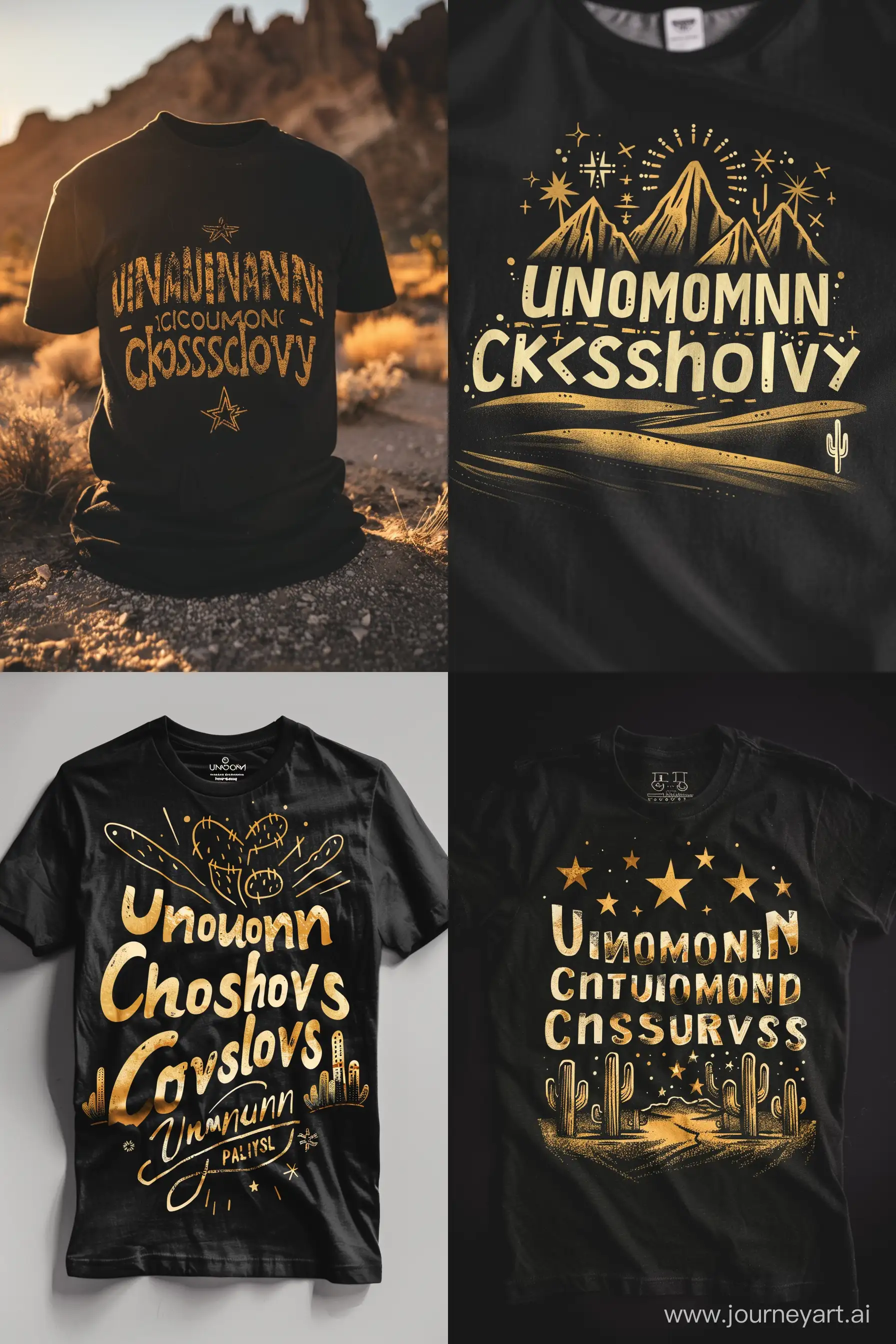 T shirt design for an Americana band: Words "Uncommon Crossroads" with desert vibes on a black t shirt --ar 2:3 --style raw --stylize 150 --v 6