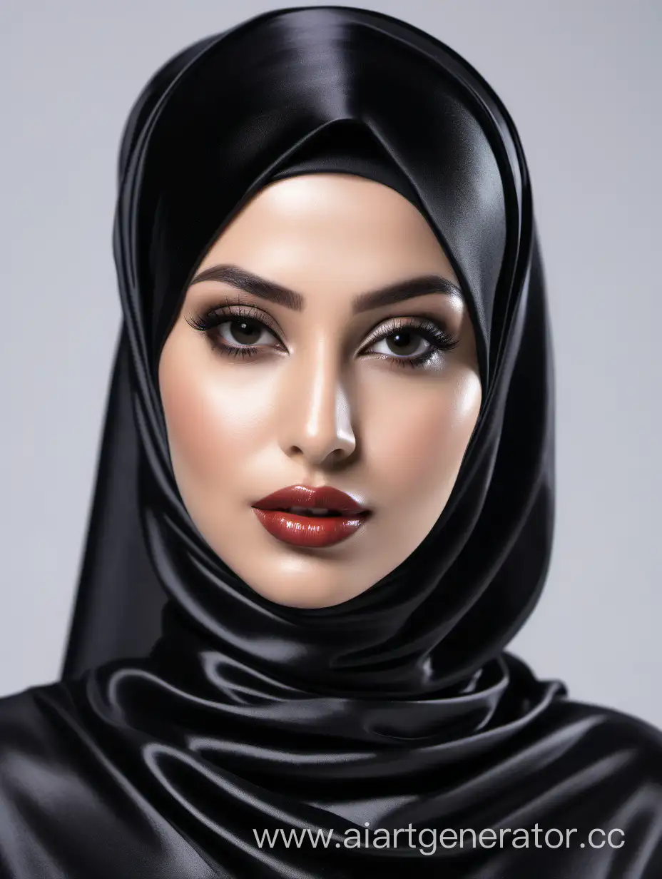 Черный хиджаб из глянцевого шелка, пышные губы, пышная фигура, вид спереди