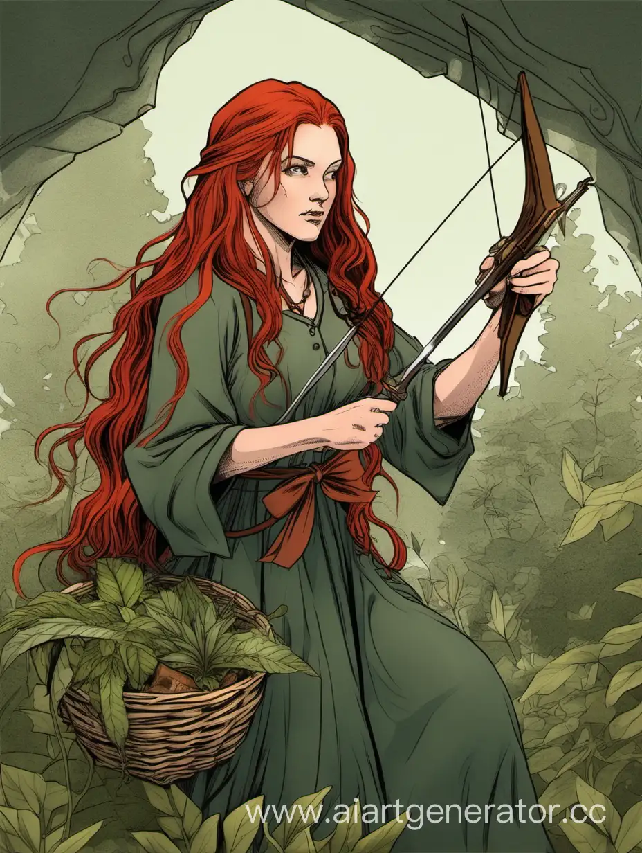 A red-haired woman with long hair. She is gathering herbs, and in her hand is a bow and a weapon. 