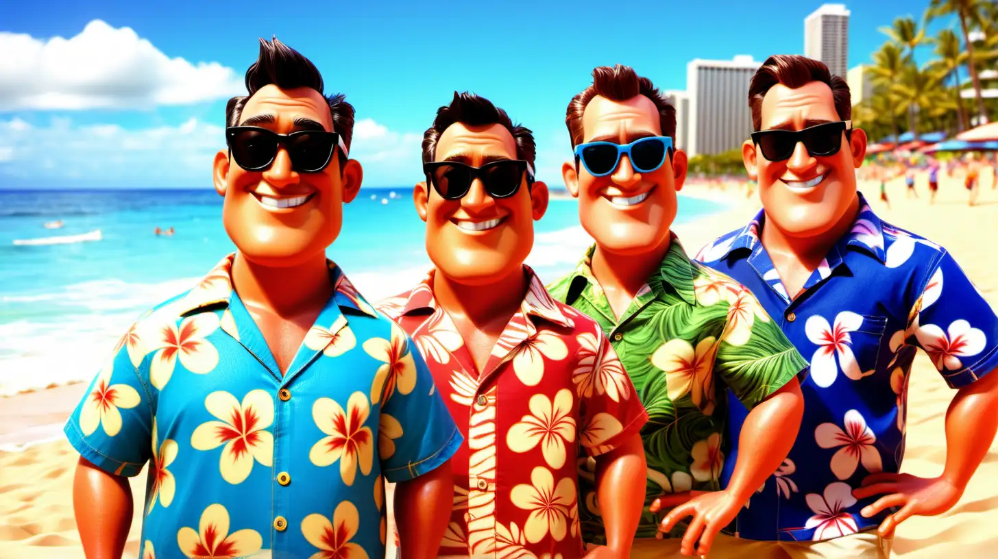 4 men in hawaiian shirts wearing sunglasses on waikiki beach in pixar style