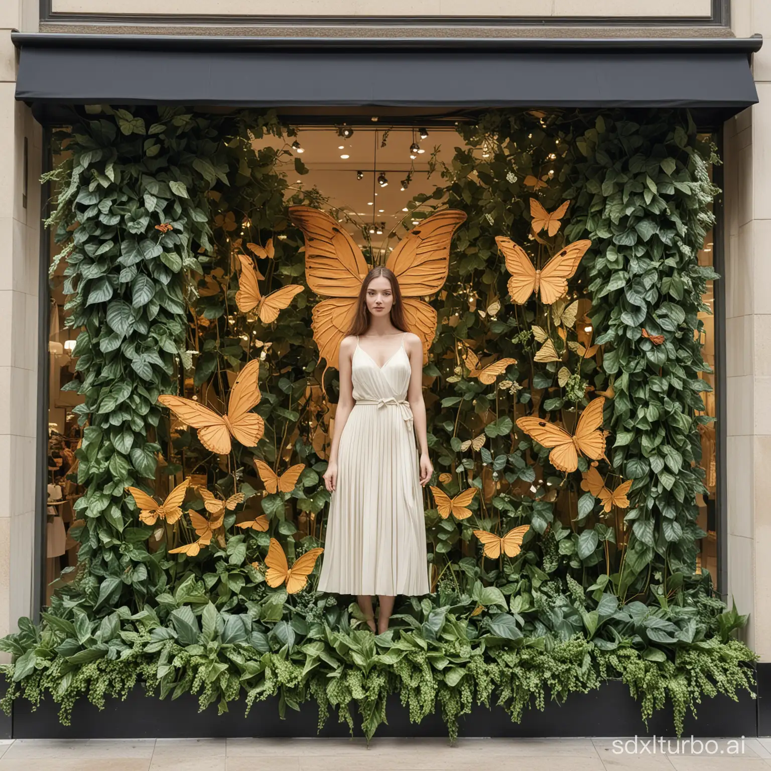 a shopping mall women's clothing store window display, with giant leafy vines wrapped around the model, simple design, adorned with a butterfly