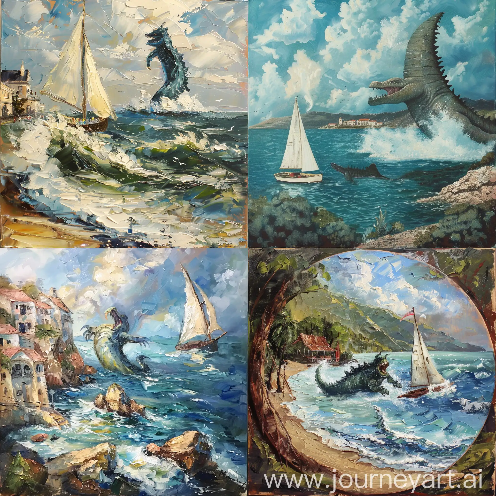 海边，帆船，海怪，追击，油画