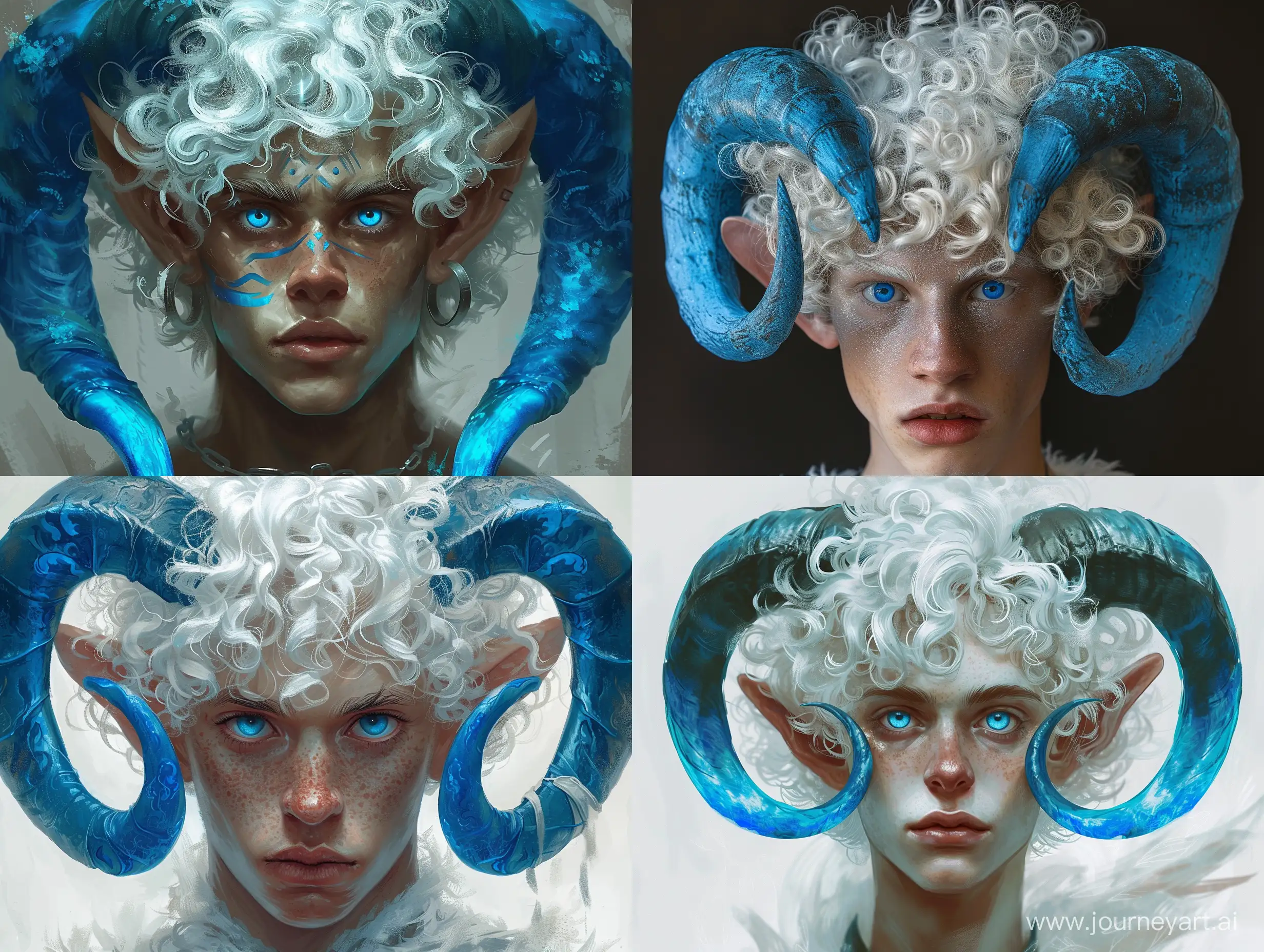 парень с белыми кудрявыми волосами, голубыми глазами и большими синими рогами