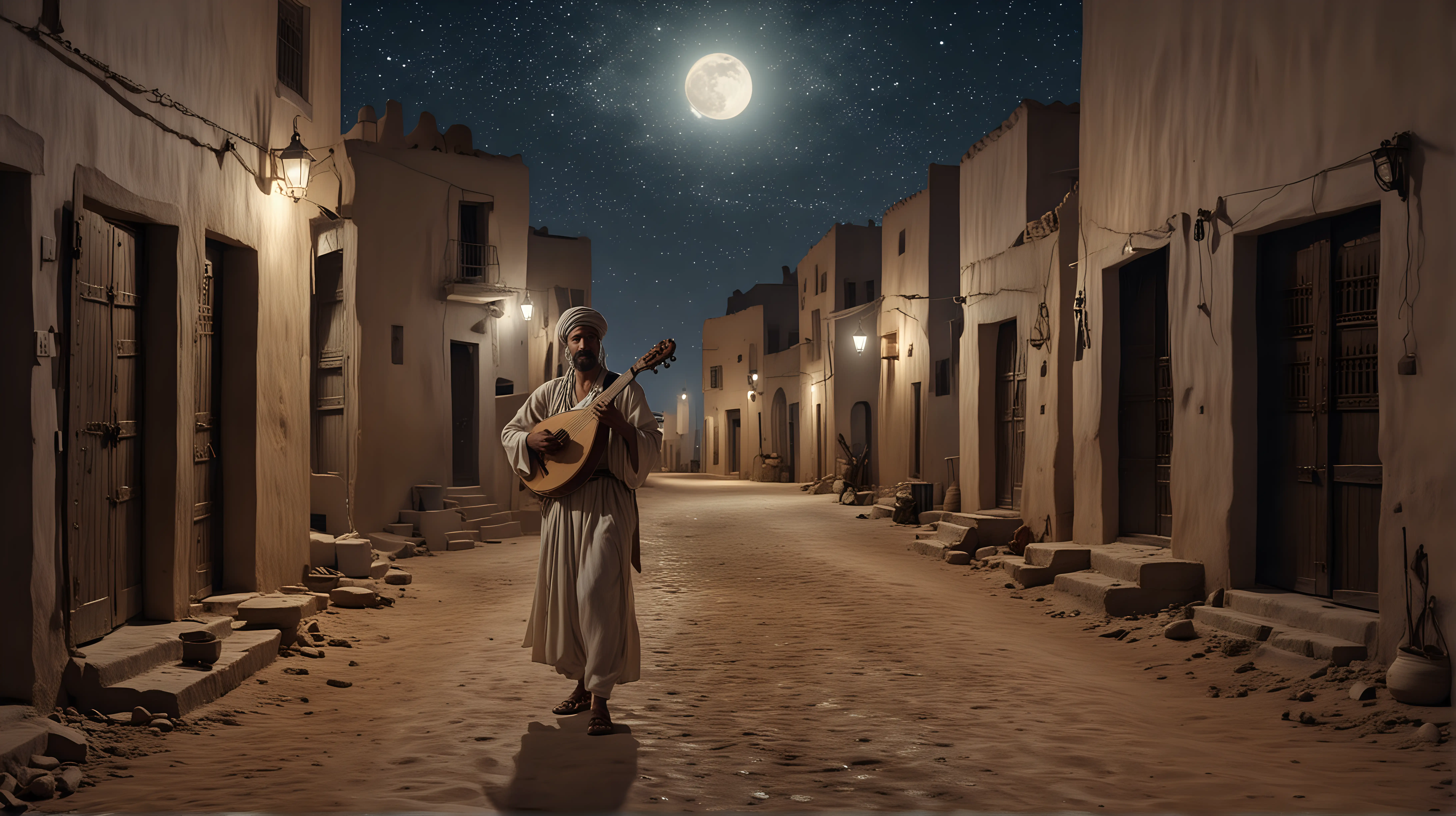 Itinerant Moroccan musician carring is arabian lute., wearing traditional clothes, arrives in his village at night, few houses with doors open, starry night, quarter of moon, very realistic, cinematic, Cecil B. de Mille Ten Commandment style