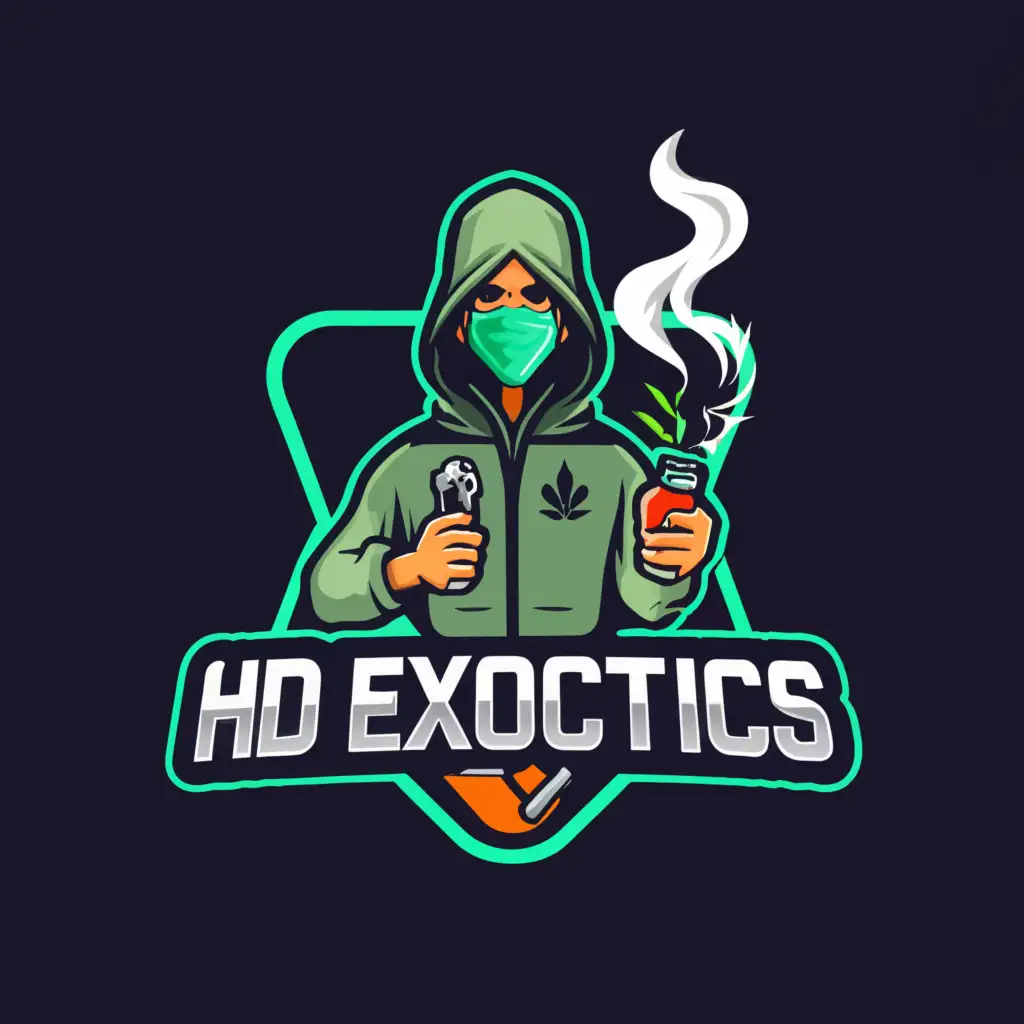 a logo design,with the text "HD EXOCTICS", main symbol:man in tracksuit with potion in hands smoking joint with weed and lab theme,complex,clear background