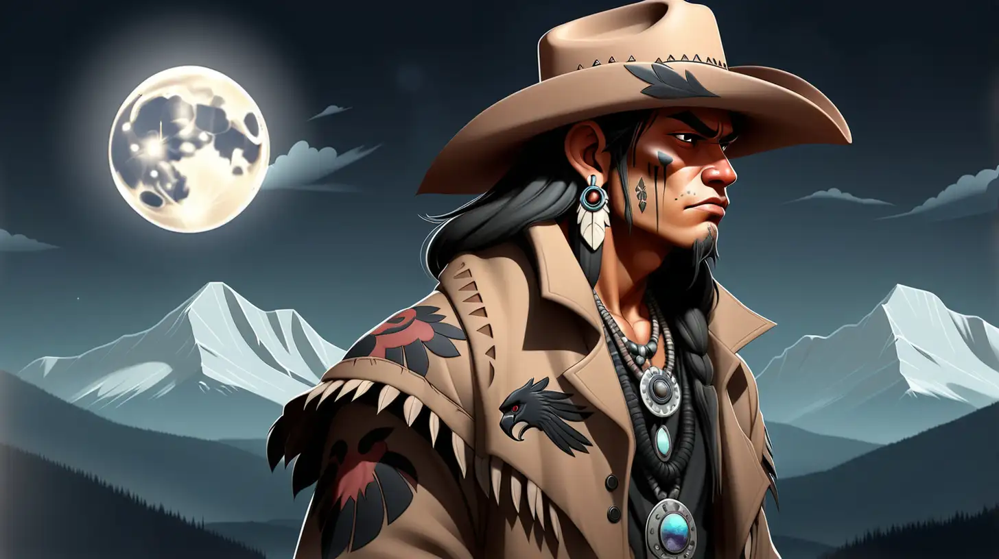 in dark tone , anime style, a thick native American wearing a cowboy hat, with a bear paw tattoo on chin, wearing a coat, over looking a night mountain, with a big moon, with his back turned, with flying crows in the distance.  show the landscape.