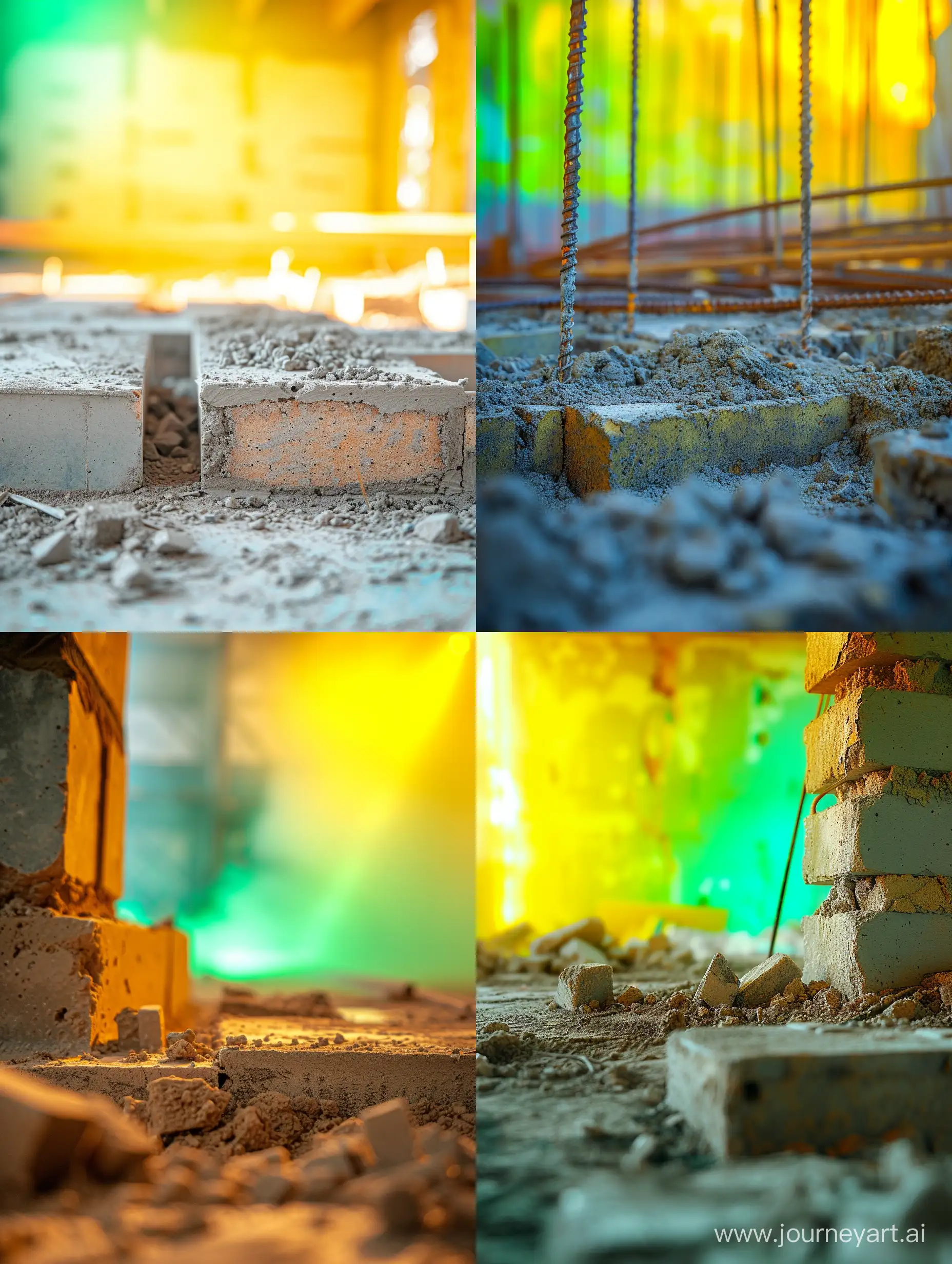 ultra realistic, close up construction site area. there is cement and bricks. yellow and green light behind. canon eos-id x mark iii dslr --v 6.0