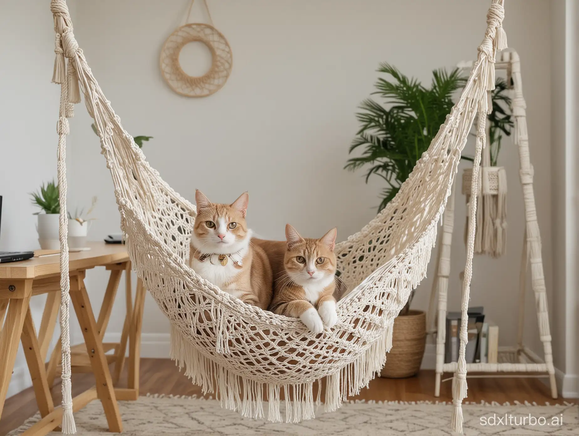 a cat in the macrame cat hammock with a woman dressed in a suit in an office.