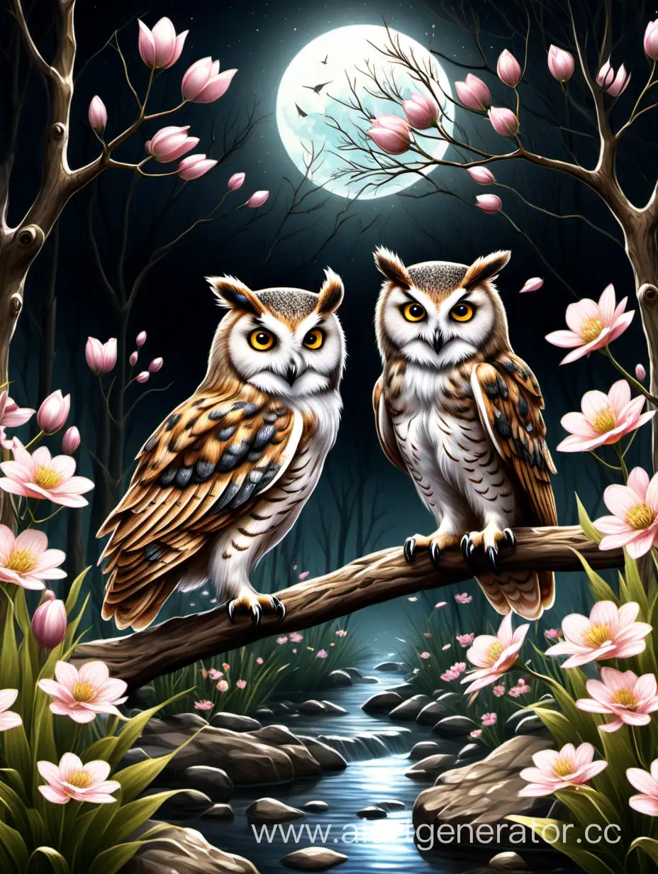Enchanting-Spring-Night-Realistic-Stream-with-Two-Owls-Amidst-Blooming-Flowers