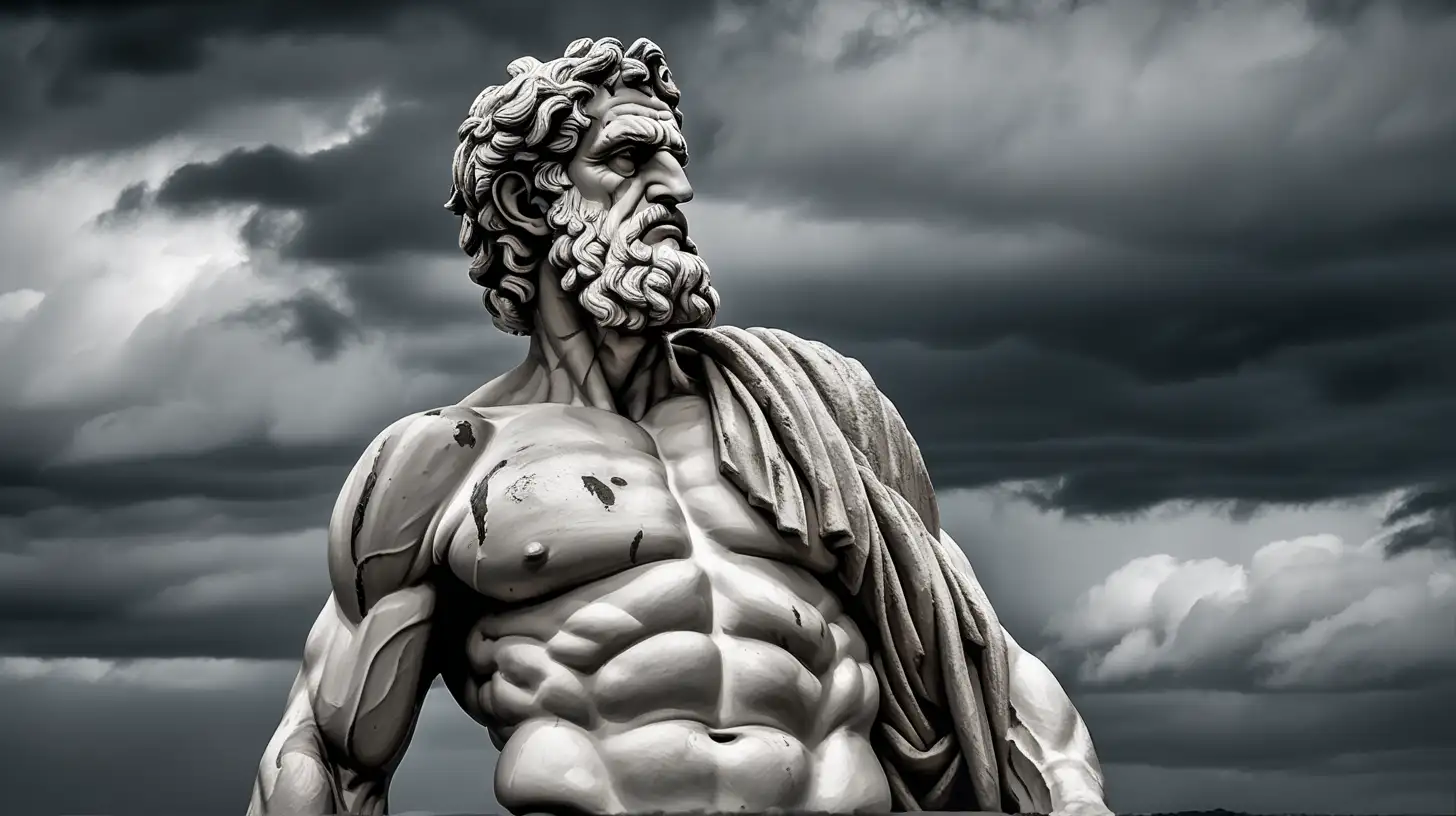 Majestic Greek Heritage Weathered Statue of Aged Muscular Man Against Moody Skies
